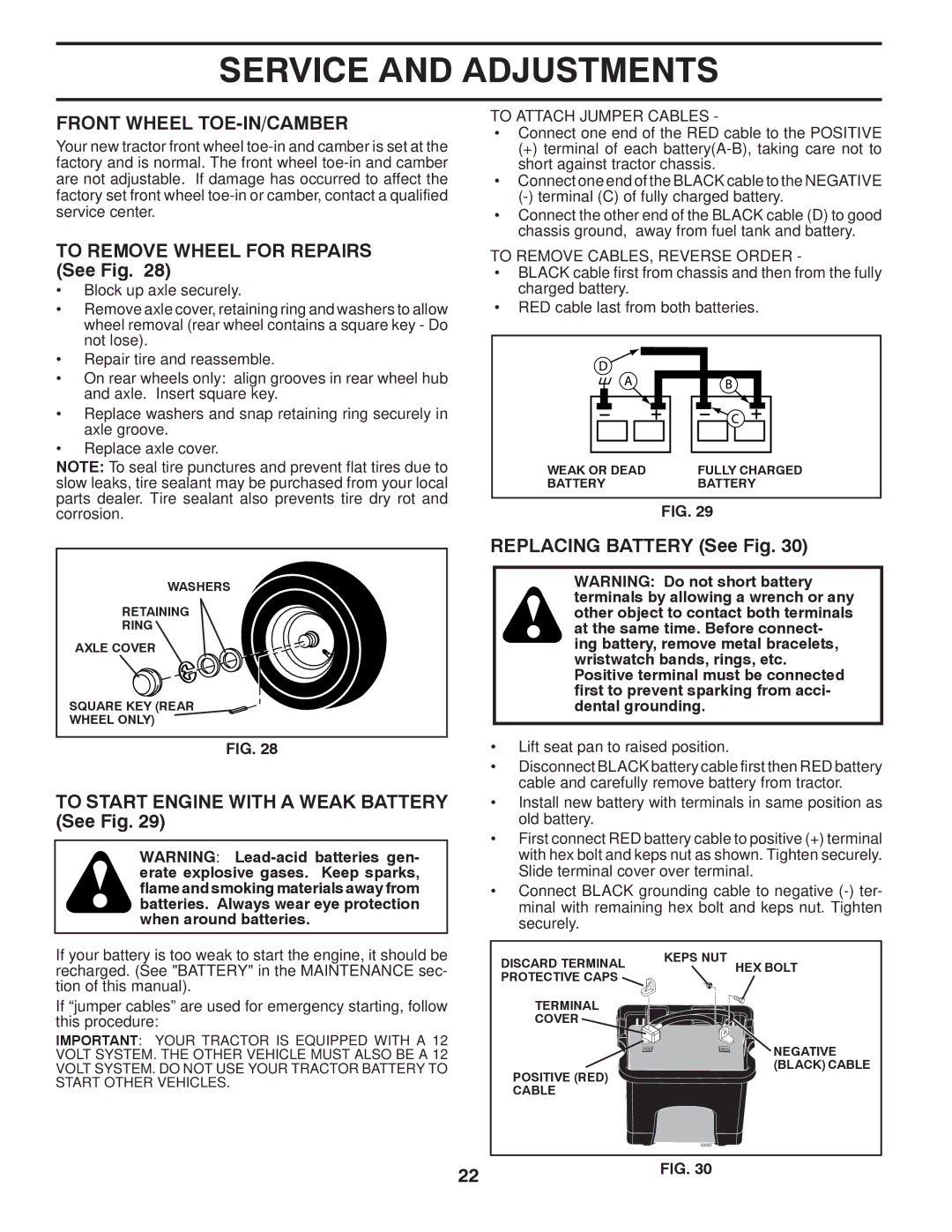 Poulan PB195H46YTX, 96042006800 Front Wheel TOE-IN/CAMBER, To Remove Wheel for Repairs See Fig, Replacing Battery See Fig 