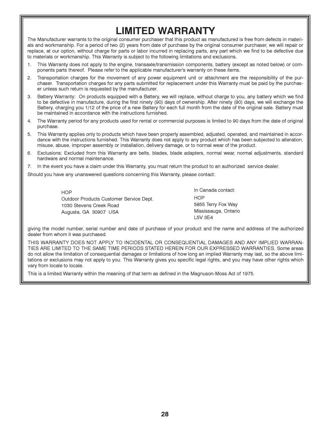 Poulan PB195H46YTX, 96042006800, 418771 manual Hop, Canada contact, Outdoor Products Customer Service Dept, L5V 3E4 