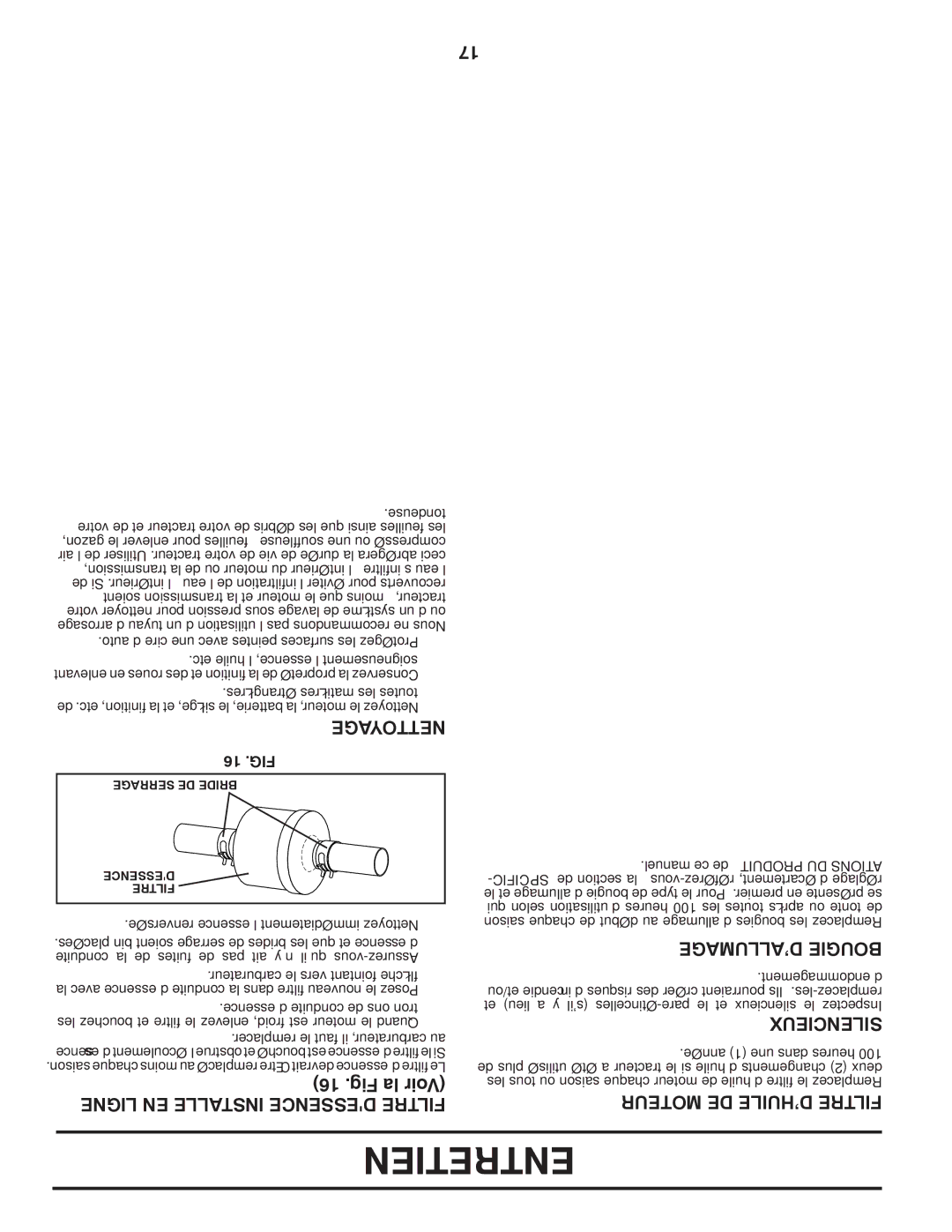 Poulan 418771, 96042006800, PB195H46YTX manual Entretien, Fig la Voir, ’ALLUMAGE Bougie, Moteur DE D’HUILE Filtre 