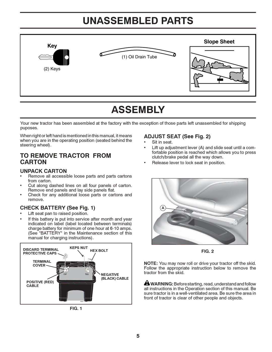 Poulan 418771, 96042006800, PB195H46YTX manual Unassembled Parts, Assembly, To Remove Tractor from Carton, Unpack Carton 