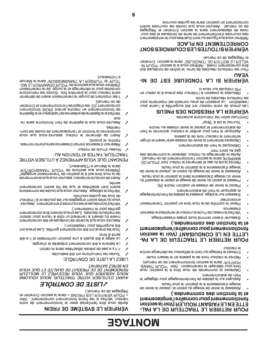 Poulan PB195H46YTX manual Montage, Contrôle De Liste, Ni De Est Tondeuse La Si Vérifier, desmancom des tionfonc la et, Veau 