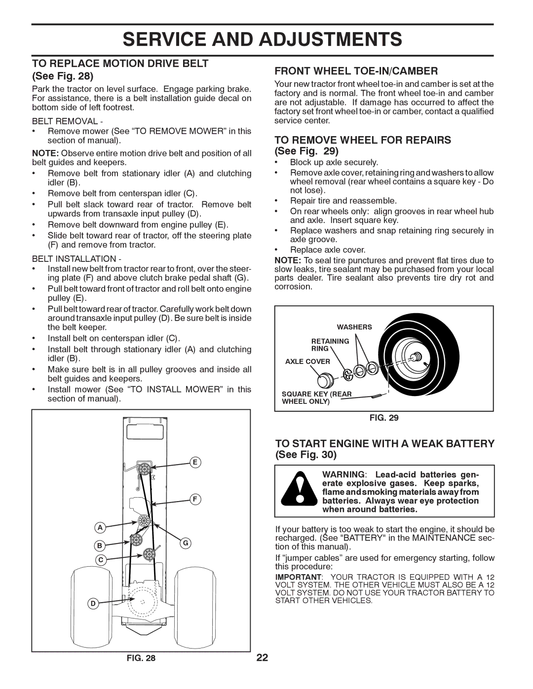 Poulan PB22H46YTX To Replace Motion Drive Belt See Fig, Front Wheel TOE-IN/CAMBER, To Remove Wheel for Repairs See Fig 