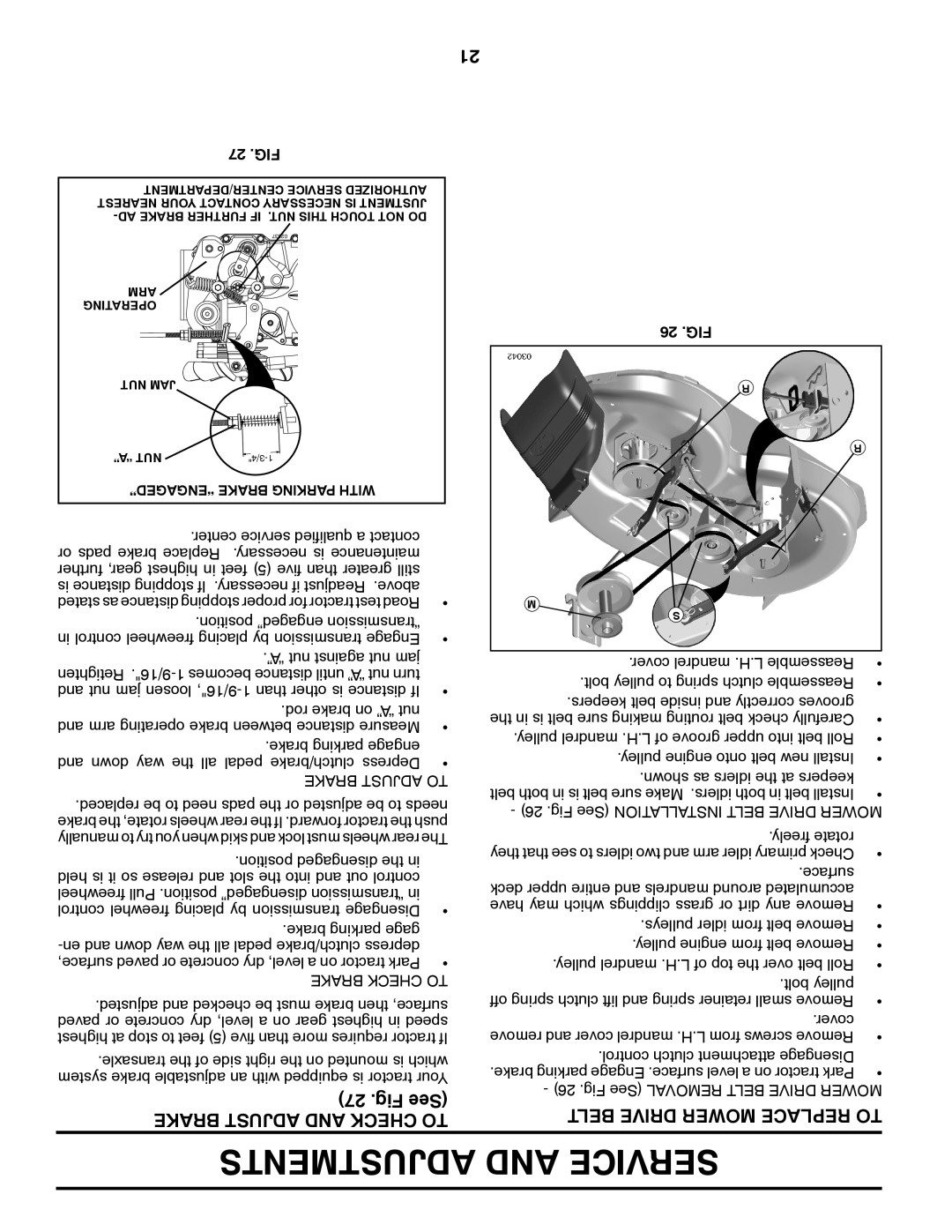 Poulan PB22H46YTX, 96042006900, 418774 manual Brake Adjust and Check to, Belt Drive Mower Replace to, 27 .FIG, 26 .FIG 