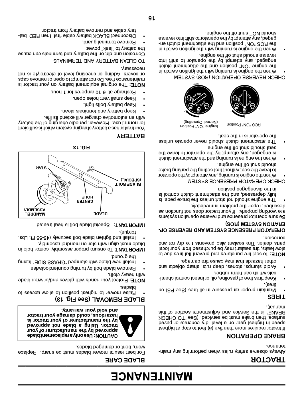 Poulan PB22H46YTX, 96042006900, 418774 manual Fig See Removal Blade, Care Blade, Tires, Operation Brake, 13 .FIG 