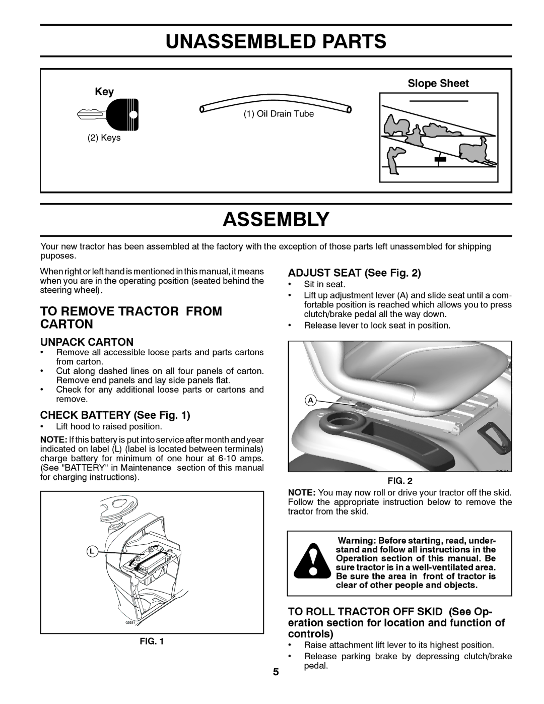 Poulan 418774, 96042006900, PB22H46YTX manual Unassembled Parts, Assembly, To Remove Tractor from Carton, Unpack Carton 