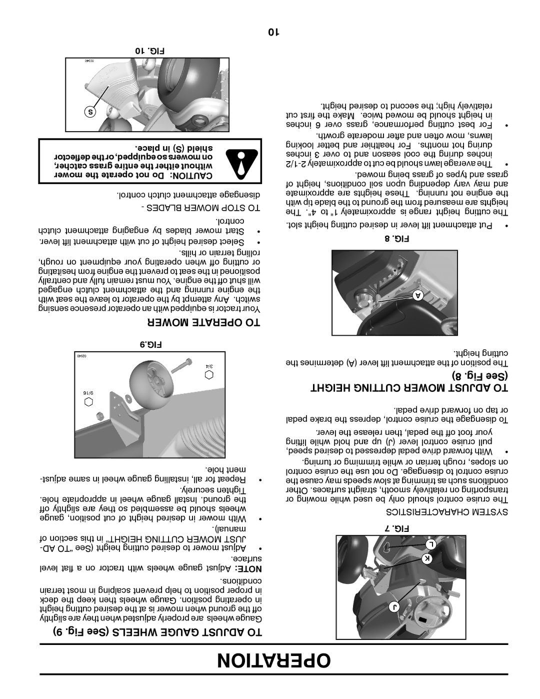 Poulan 96042006900 Mower Operate to, Fig See Wheels Gauge Adjust to, Height Tingcut Mower Adjust to, Blades Mower Stop to 