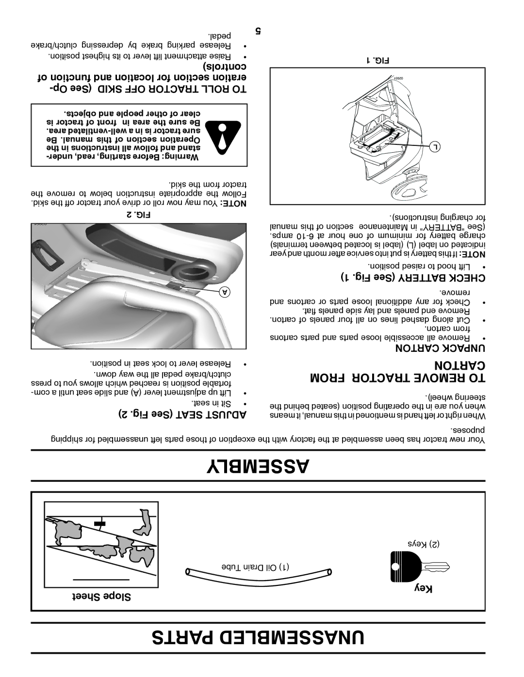 Poulan 418774 manual Parts Unassembled, Toncar from Tractor Remove to, Op See Skid OFF Tractor Roll to, Fig See Seat Adjust 