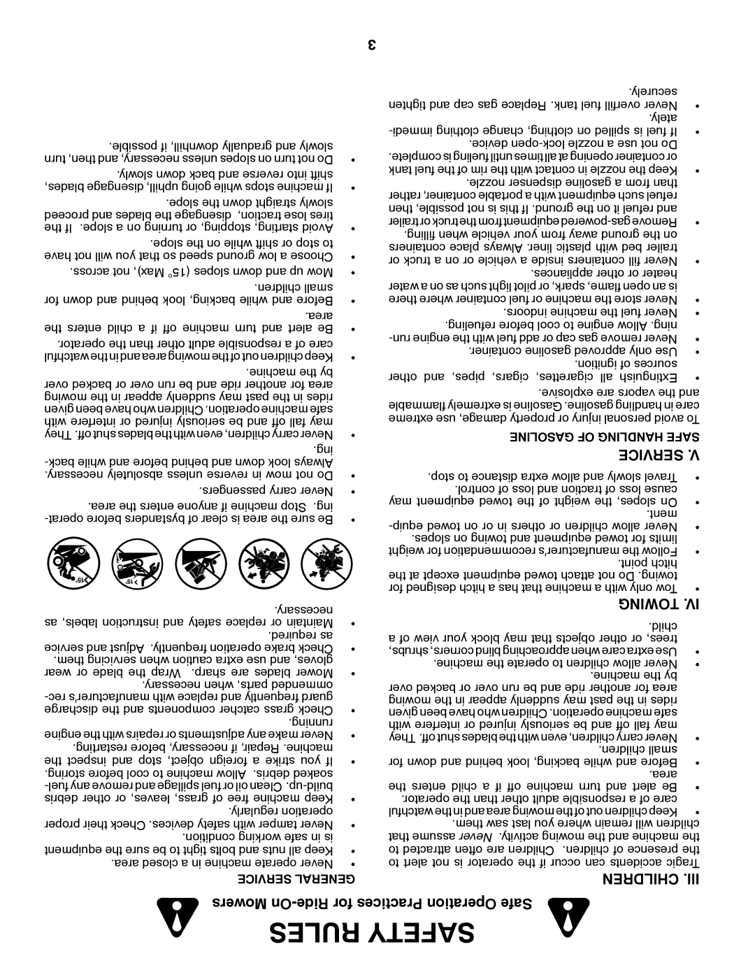 Poulan PB22H46YTX, 96042006900, 418774 manual Rules Safety, Mowers On-Ride for, Towing, Children, Practices Operation Safe 