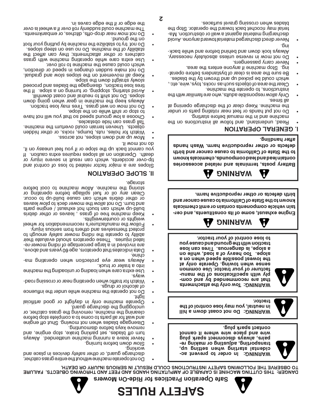 Poulan 418774, 96042006900, PB22H46YTX manual Operation Slope, Operation General, Mowers On-Ride for Practices Operation Safe 