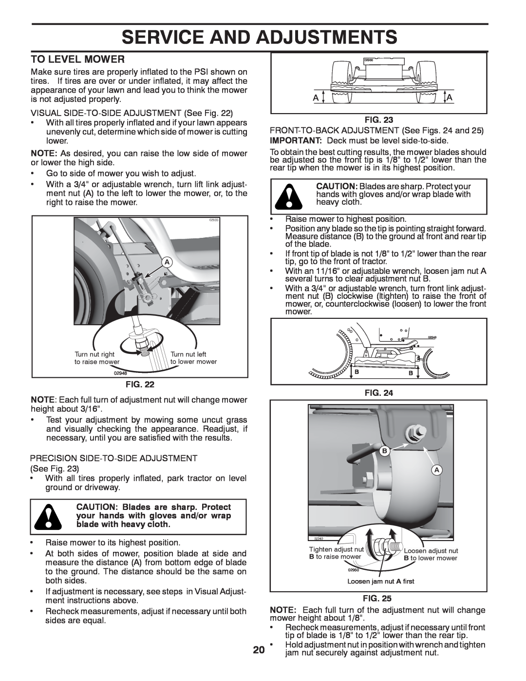 Poulan 418774, 96042006900 manual To Level Mower, Service And Adjustments, Turn nut right, Turn nut left, to raise mower 