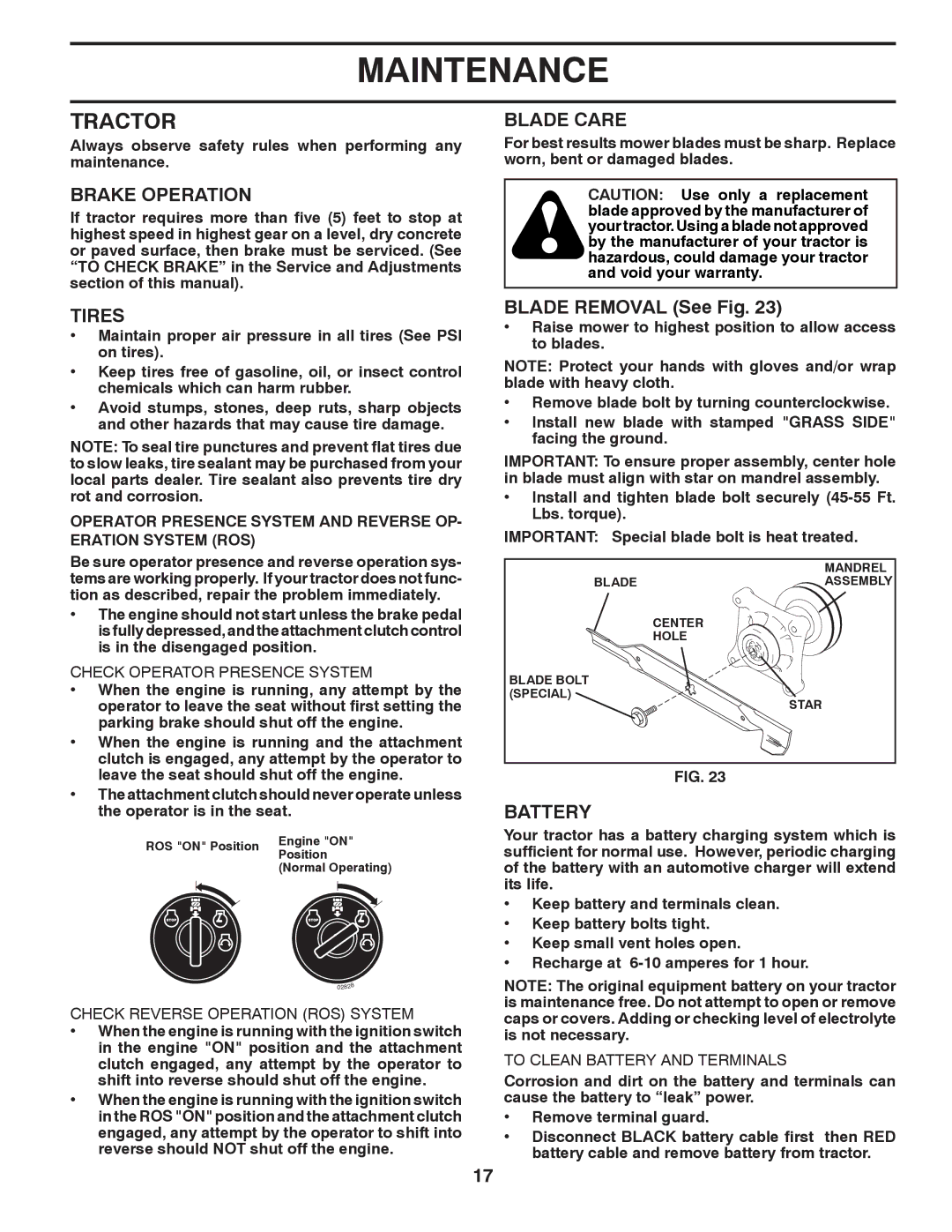 Poulan PB22H54BFX, 96042007000 manual Tractor, Brake Operation, Tires, Blade Care, Battery 