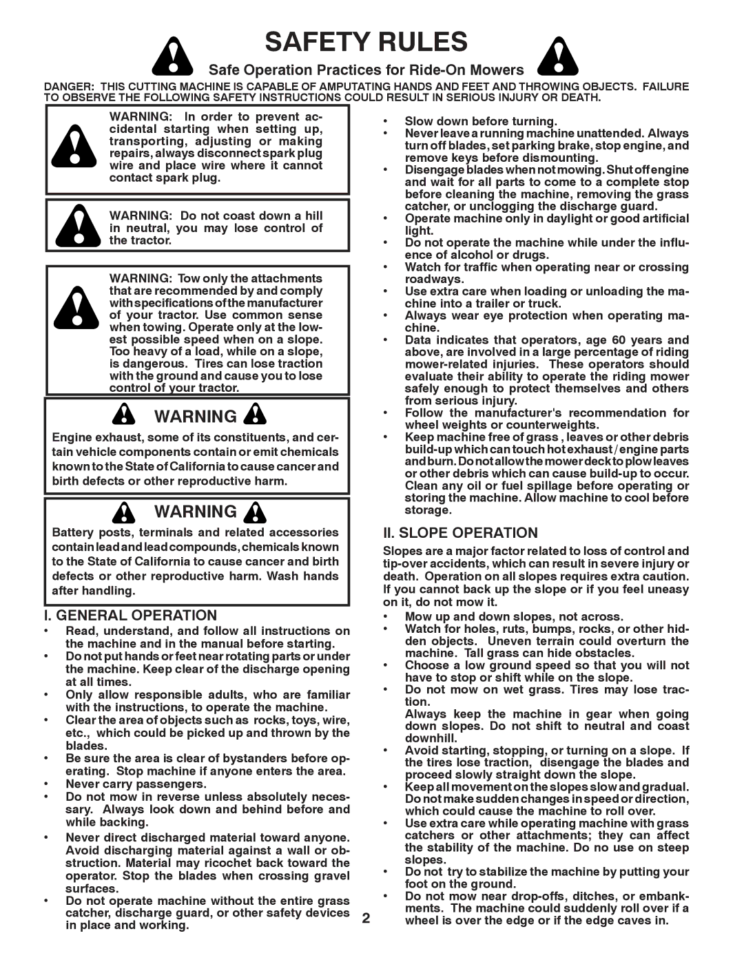 Poulan 96042007000, PB22H54BFX manual Safe Operation Practices for Ride-On Mowers, General Operation, II. Slope Operation 