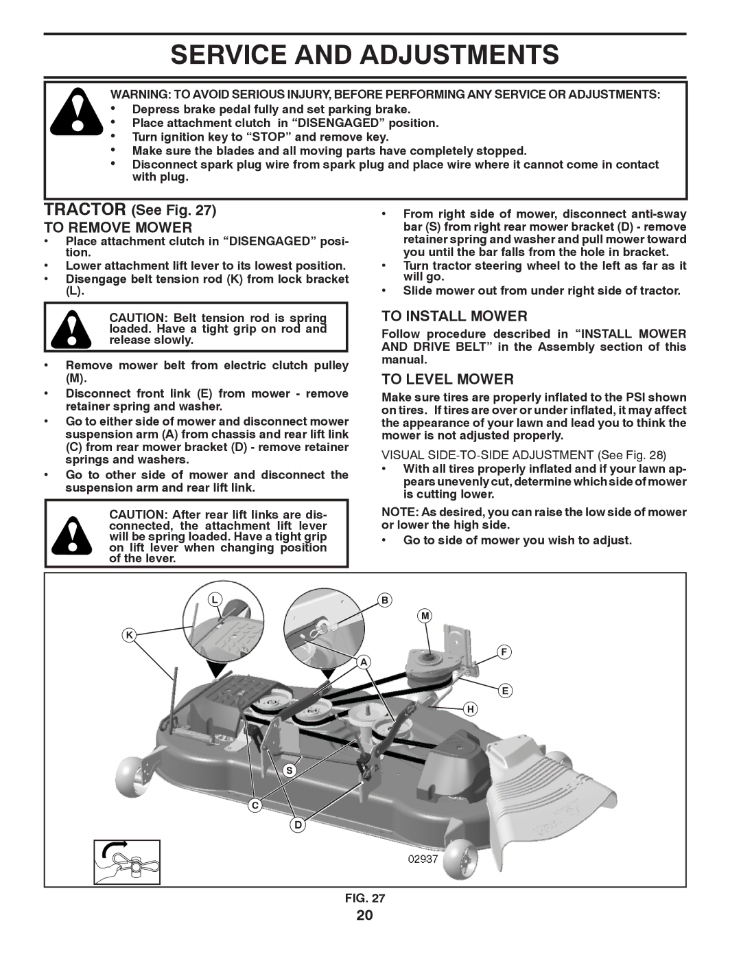 Poulan 96042007000, PB22H54BFX manual Tractor See Fig, To Remove Mower, To Install Mower, To Level Mower 