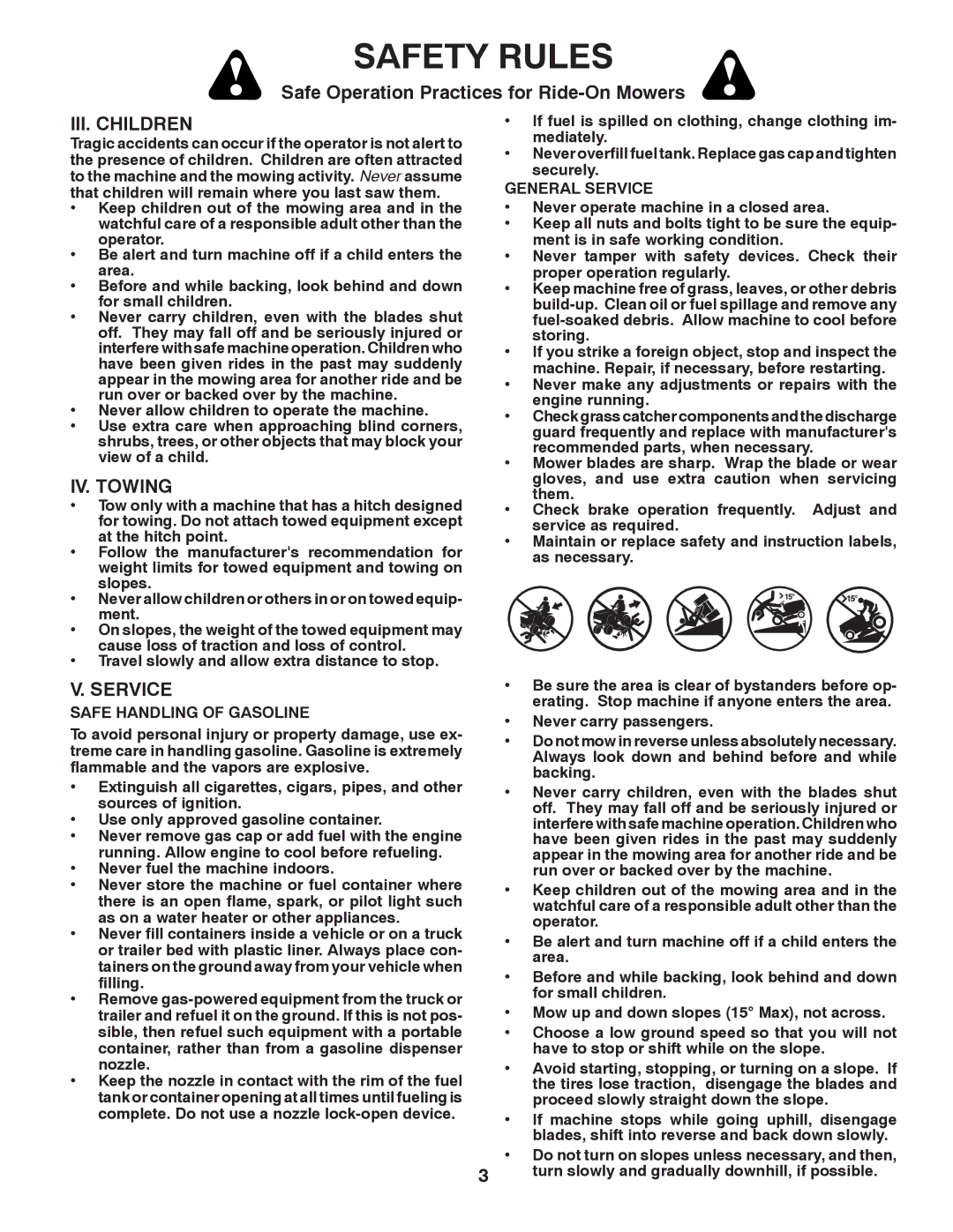 Poulan PB22H54BFX, 96042007000 manual III. Children, IV. Towing, General Service, Safe Handling of Gasoline 