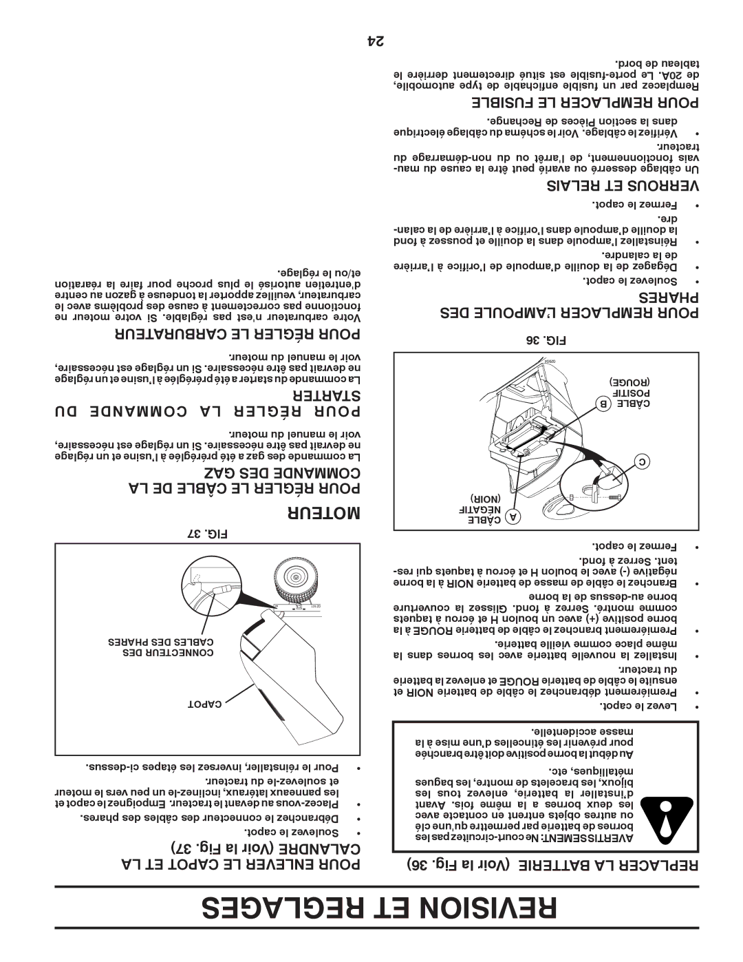 Poulan PB22H54BFX, 96042007000 manual Reglages ET Revision, Carburateur LE Régler Pour, Starter DU Commande LA Régler Pour 