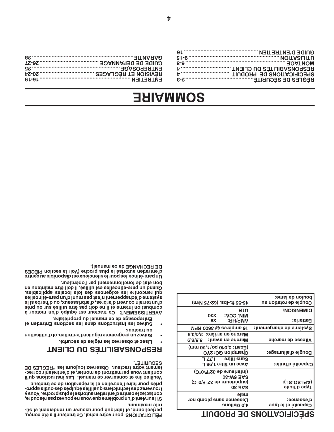 Poulan PB22H54BFX manual Sommaire, Garantie ’ENTRETIEN Guide, Utilisation, Réglages ET Révision Produit DE Spécifications 