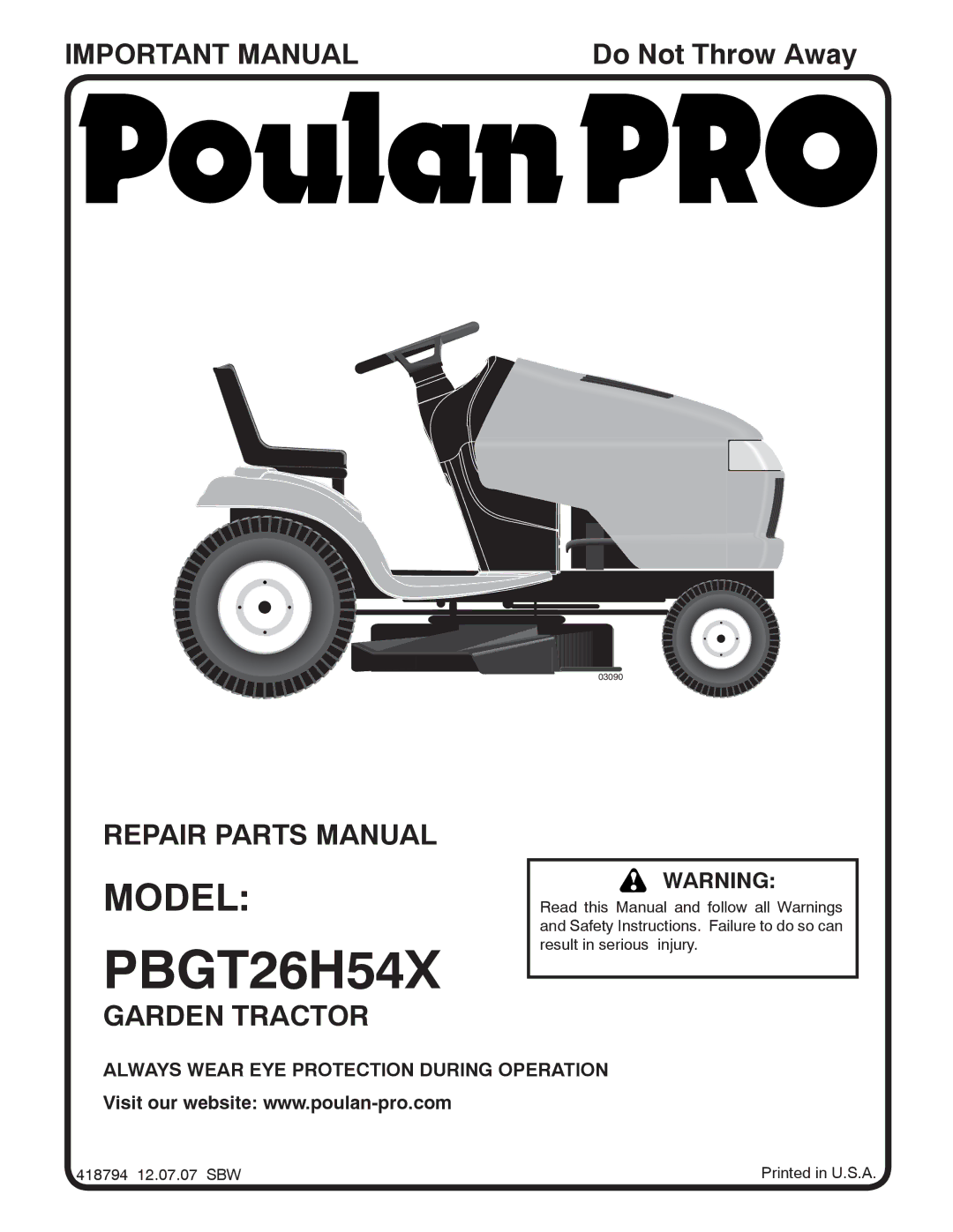 Poulan PBGT26H54X, 96042007100, 418794 manual 