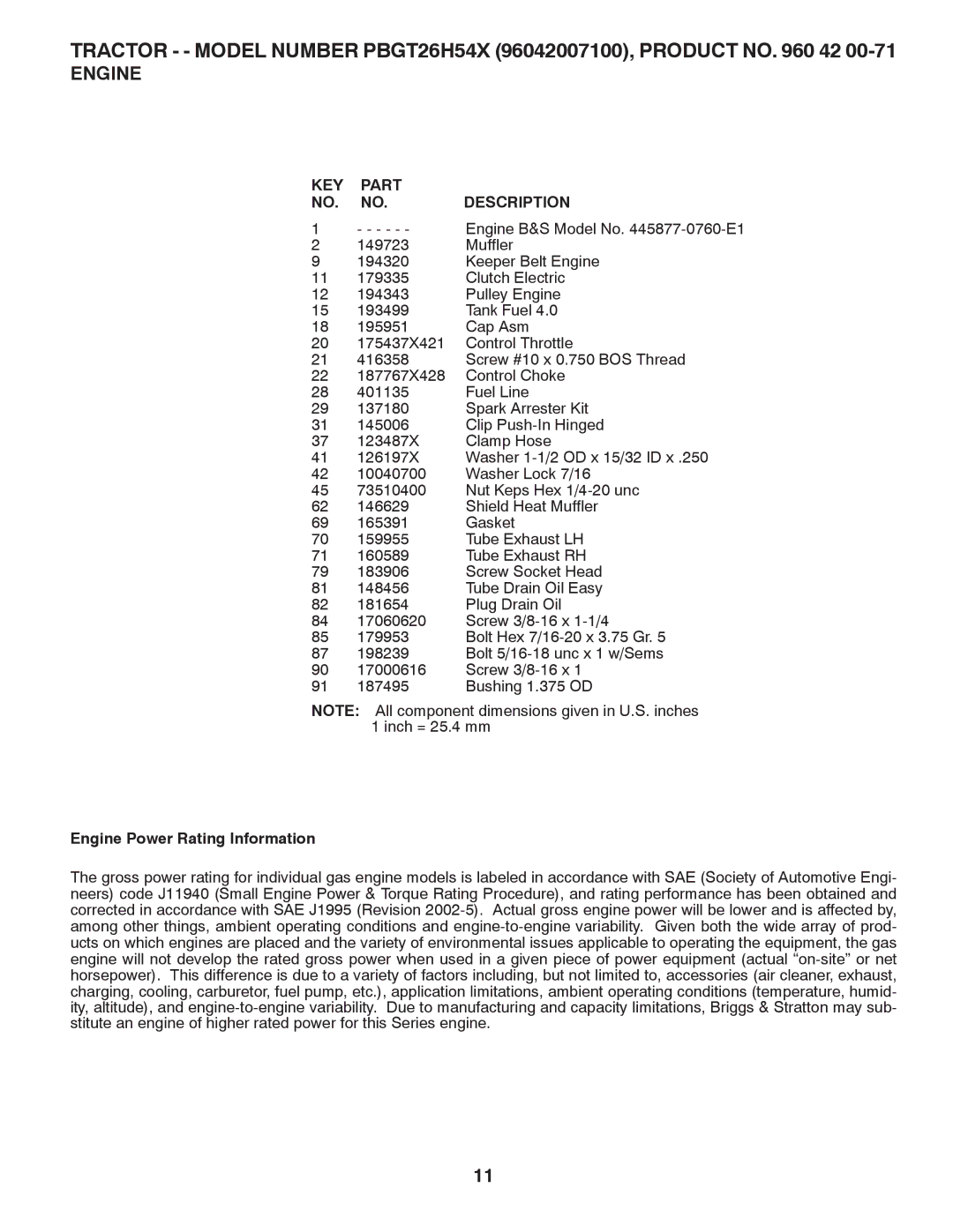 Poulan 418794, 96042007100, PBGT26H54X manual Engine Power Rating Information 