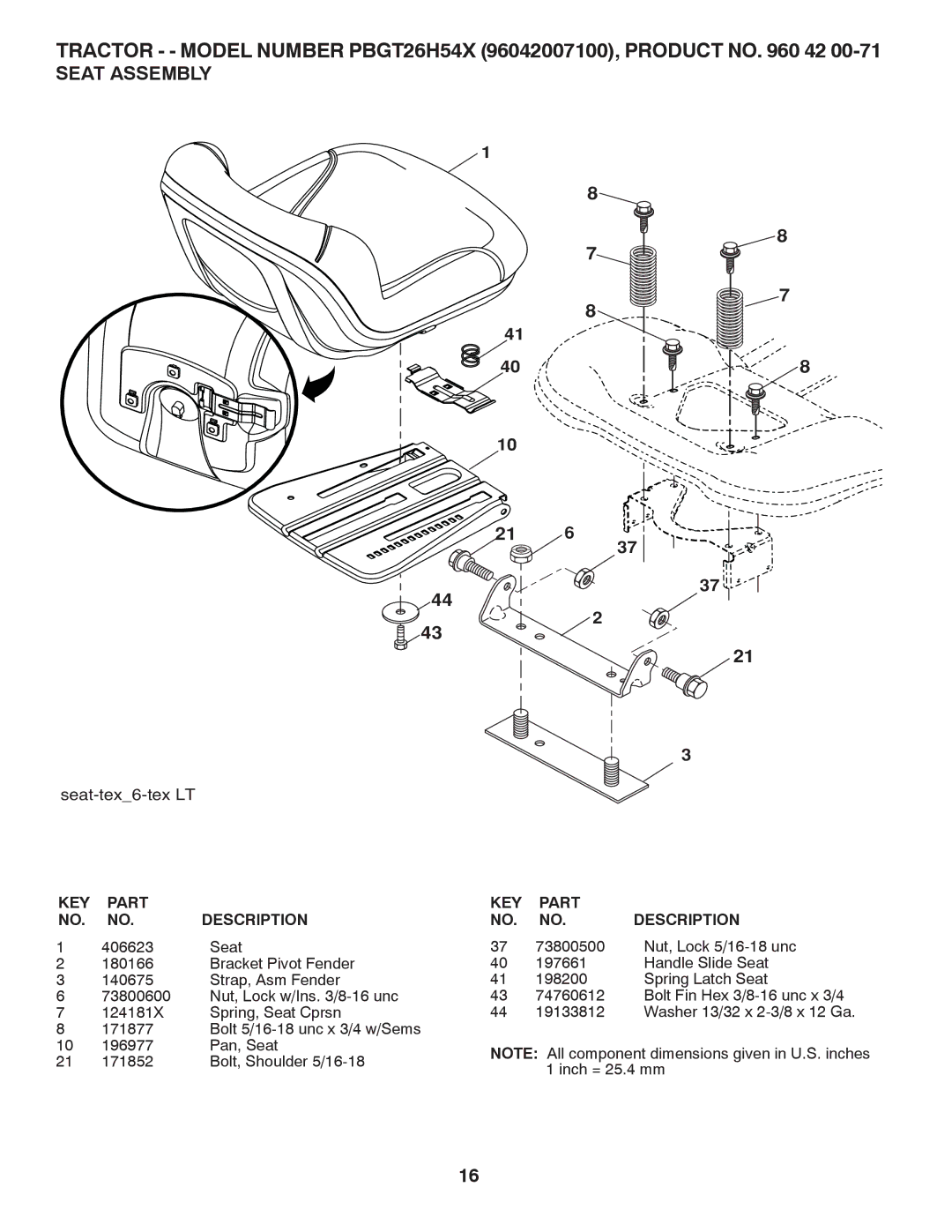 Poulan PBGT26H54X, 96042007100, 418794 manual Seat Assembly, Seat-tex6-tex LT 