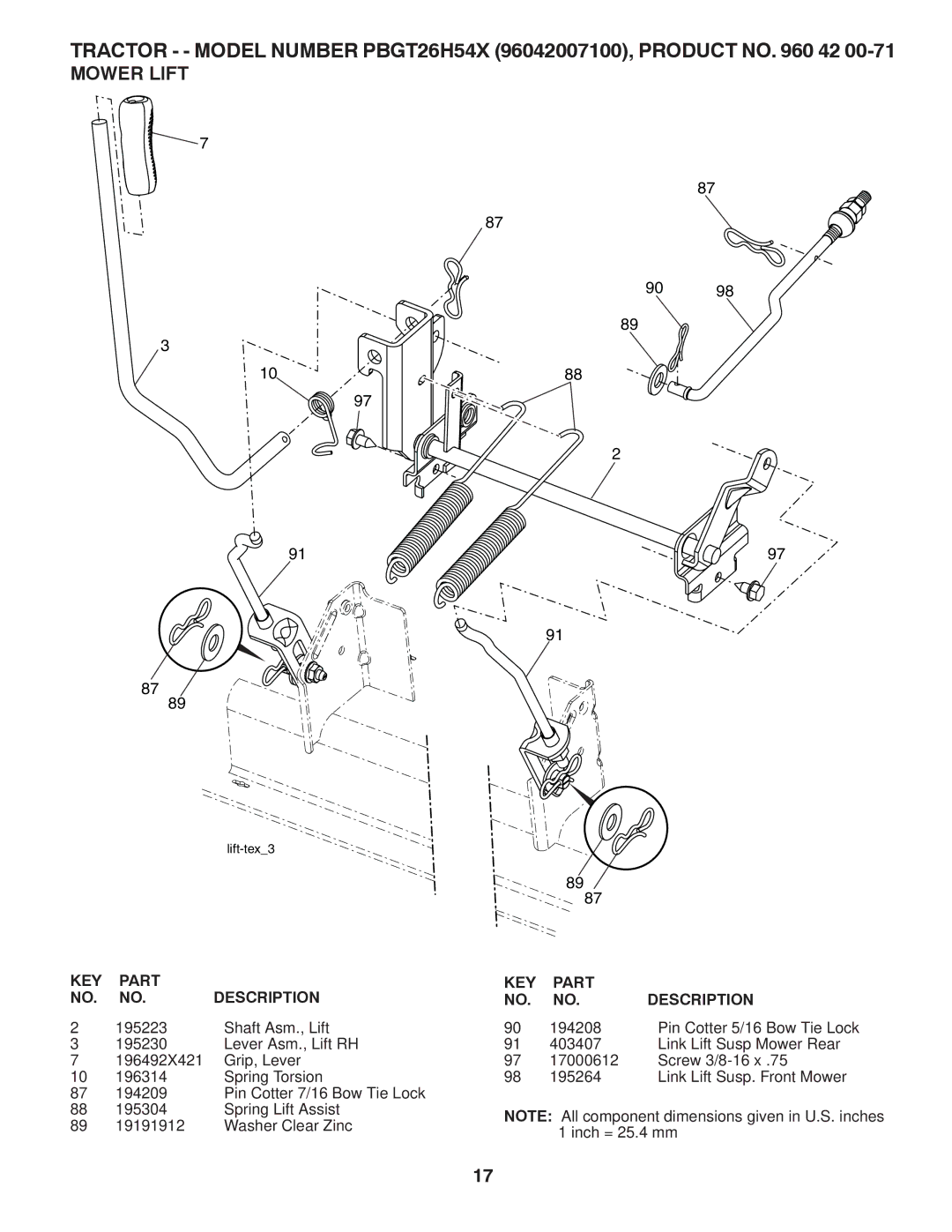 Poulan 418794, 96042007100, PBGT26H54X manual Mower Lift 