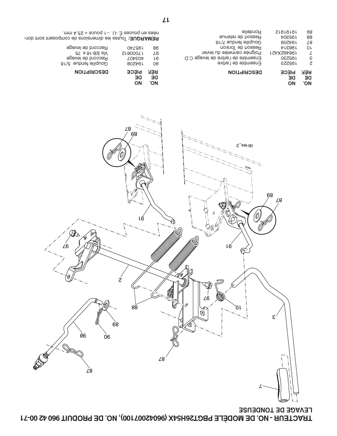 Poulan 418794, 96042007100, PBGT26H54X manual Tondeuse DE Levage 