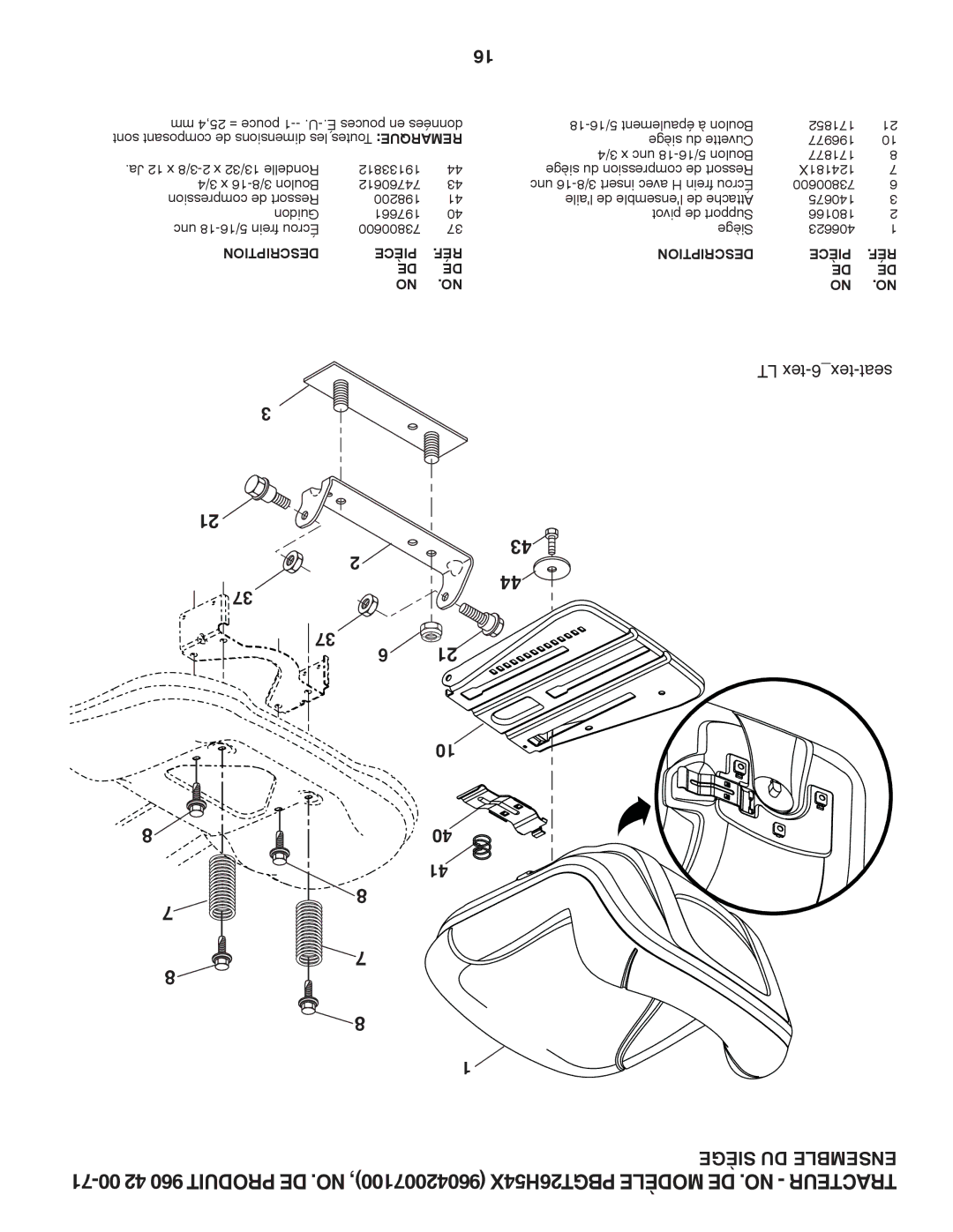Poulan 96042007100, PBGT26H54X, 418794 manual Siège DU Ensemble 