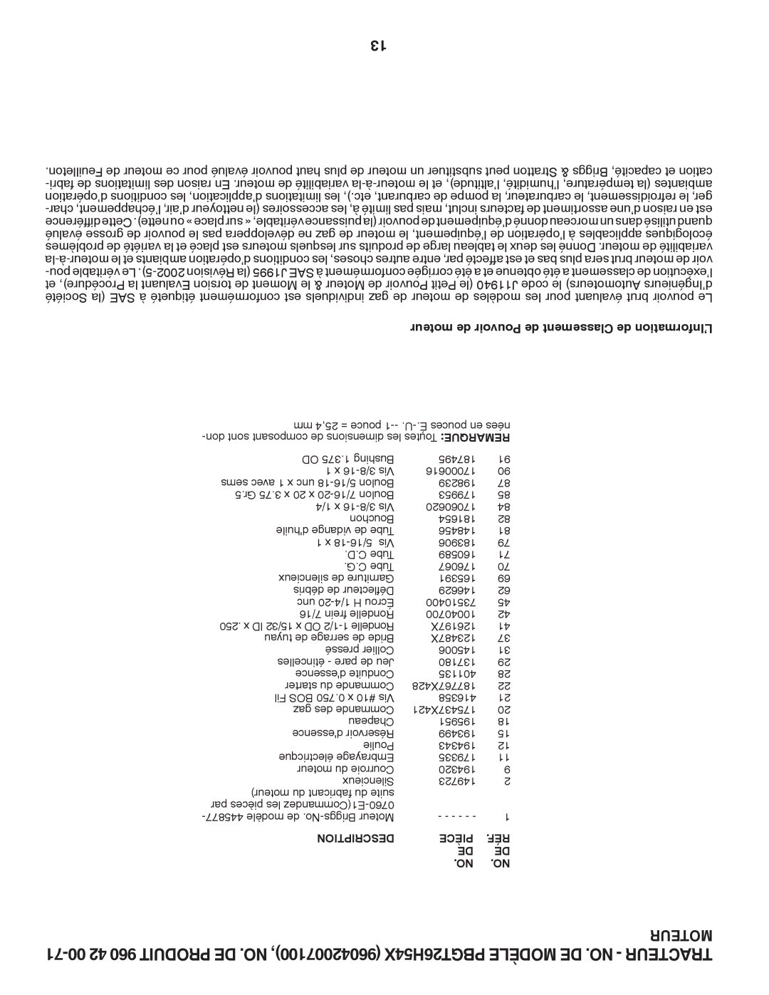 Poulan 96042007100, PBGT26H54X, 418794 manual Moteur de Pouvoir de Classement de L’Information 