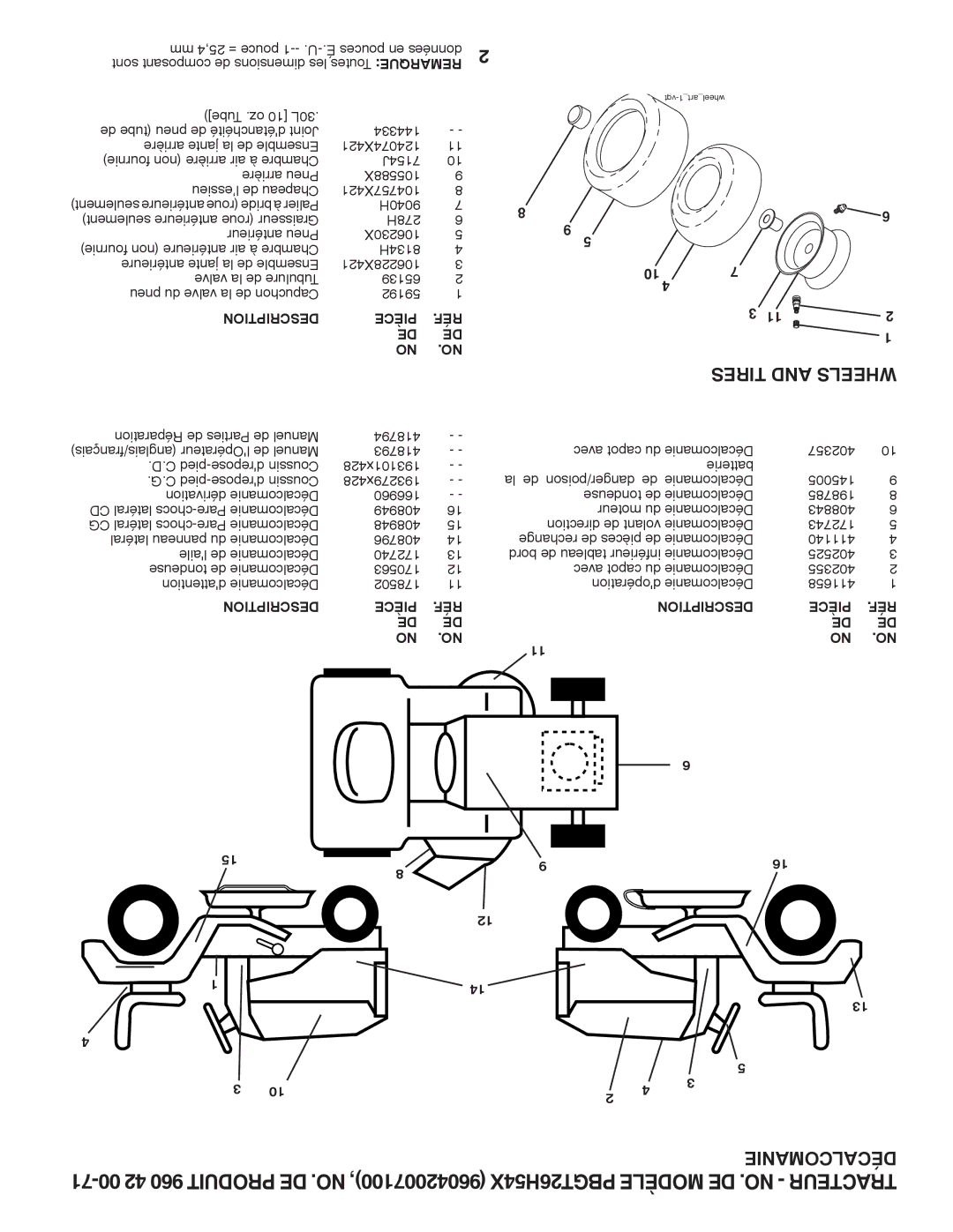 Poulan 418794, 96042007100, PBGT26H54X manual Décalcomanie, Tires and Wheels 