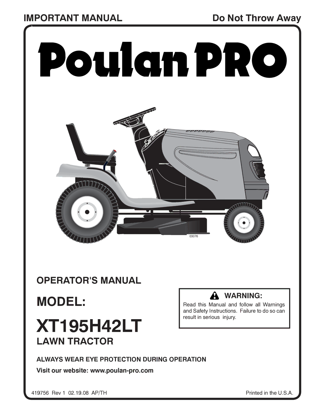 Poulan 419756, 96042007200 manual XT195H42LT, Model 