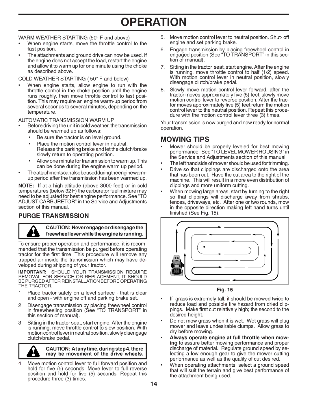 Poulan 96042007200, 419756 manual Mowing Tips, Purge Transmission, Automatic Transmission Warm UP 