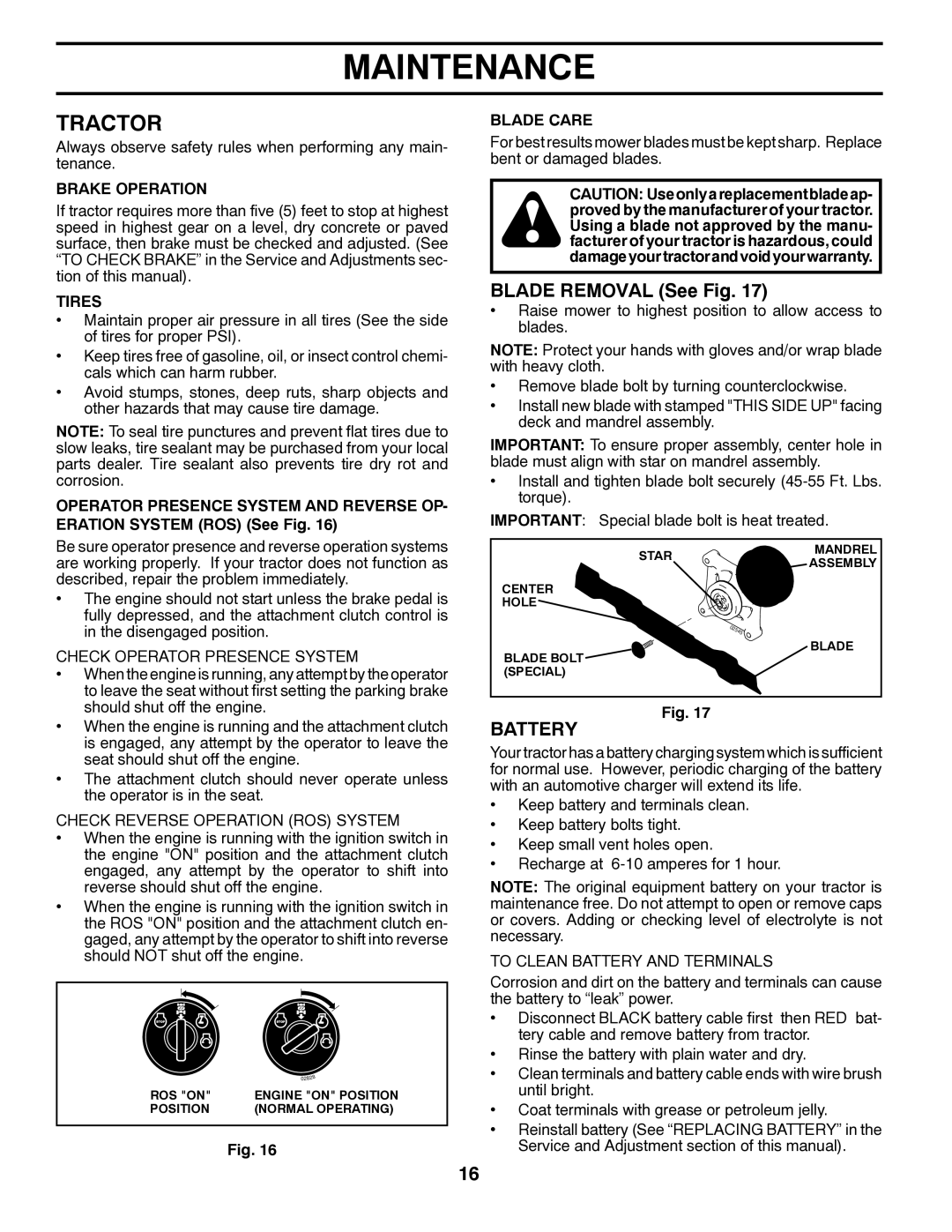 Poulan 96042007200, 419756 manual Tractor, Blade Removal See Fig, Battery 