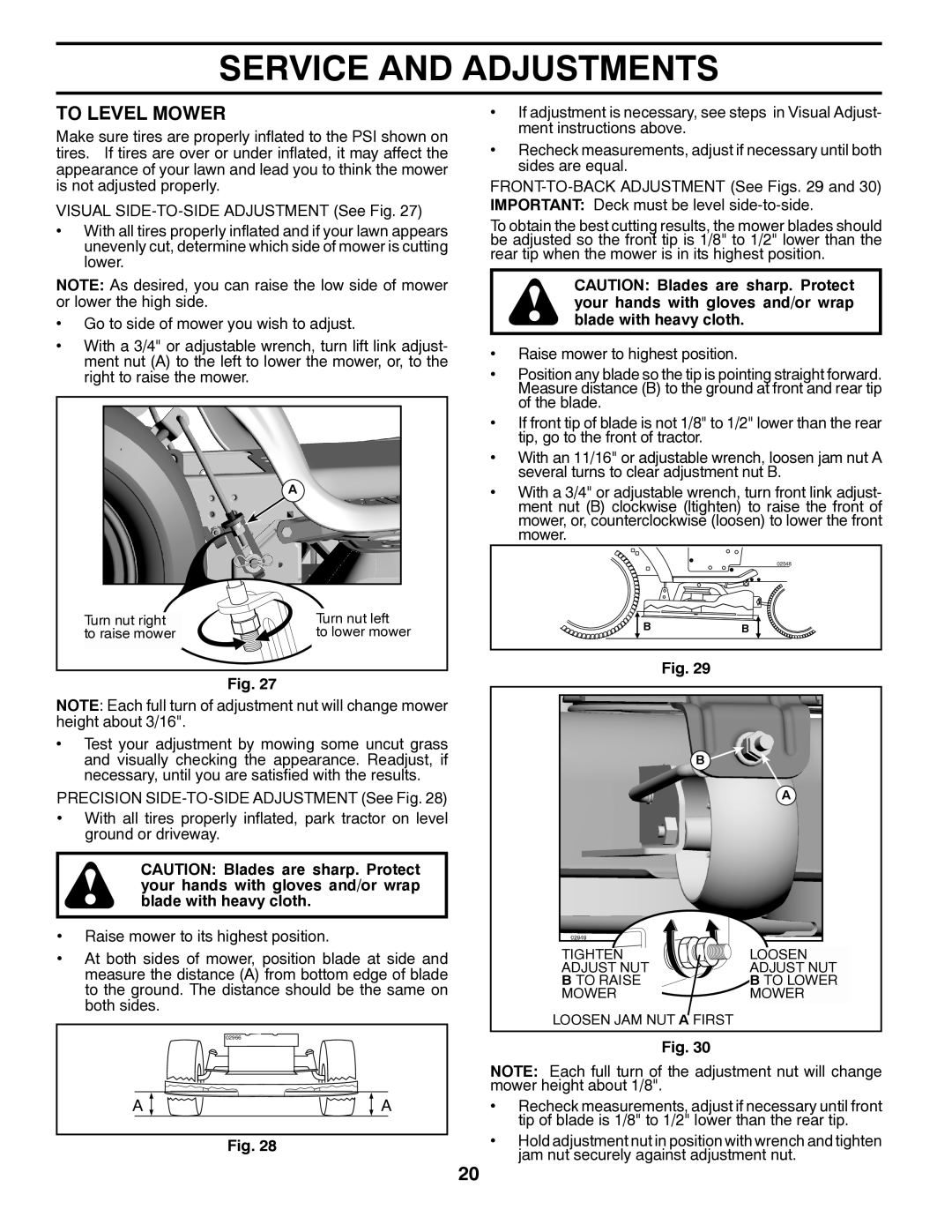 Poulan 96042007200, 419756 manual To Level Mower, Tighten Loosen Adjust NUT To Raise To Lower, Loosen JAM NUT a First 