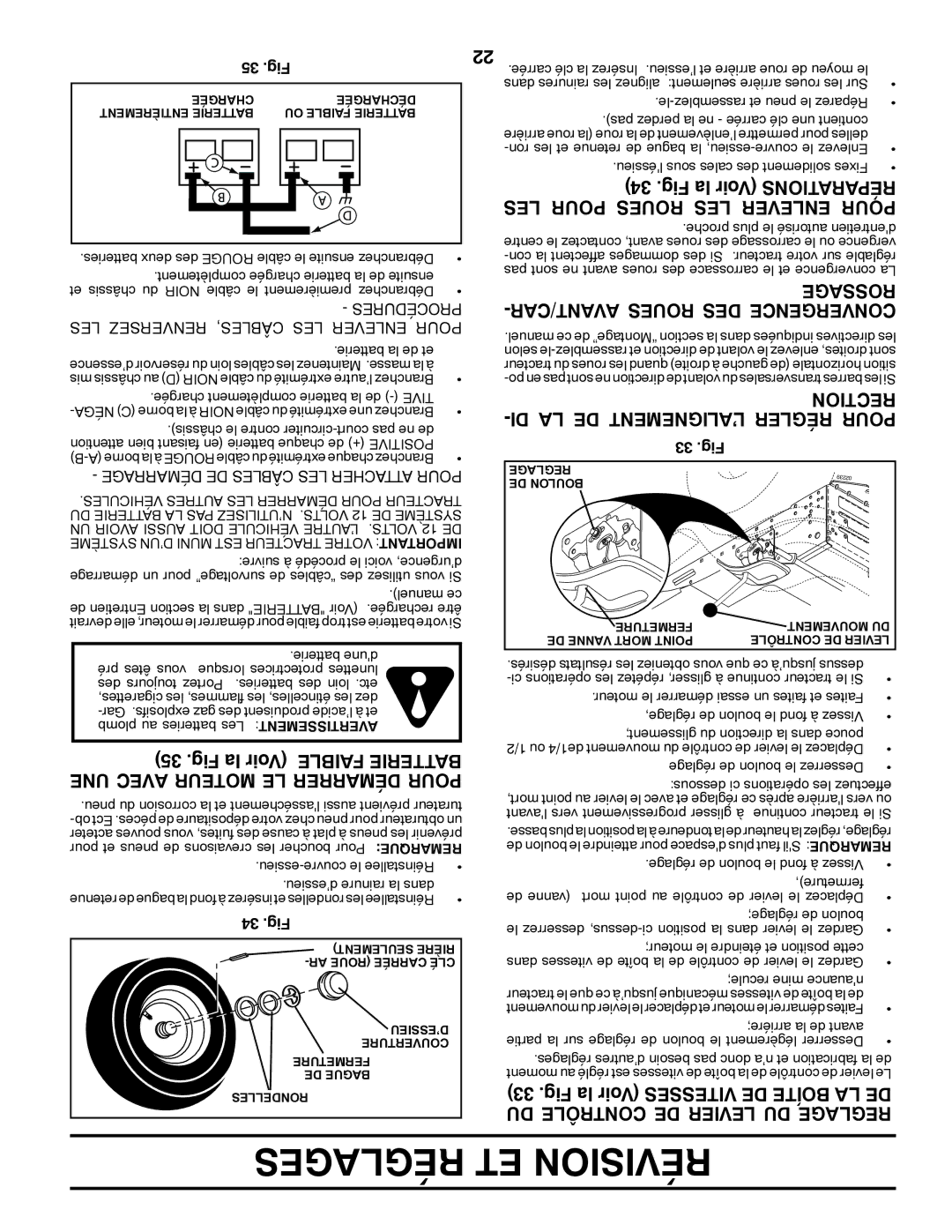 Poulan 419756 manual Fig la Voir Tionsraparé, LES Pour Roues LES Enlever Pour, Rossage, AVANT/CAR Roues DES Convergence 