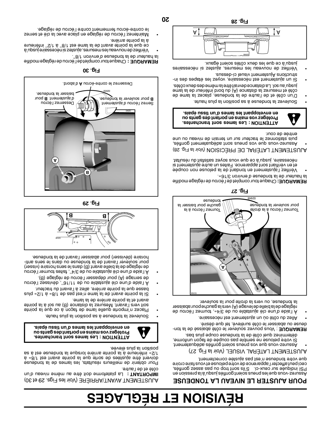 Poulan 419756, 96042007200 manual Tondeuse LA Niveau LE Ajuster Pour, 30 .Fig, 29 .Fig, 28 .Fig, 27 .Fig 