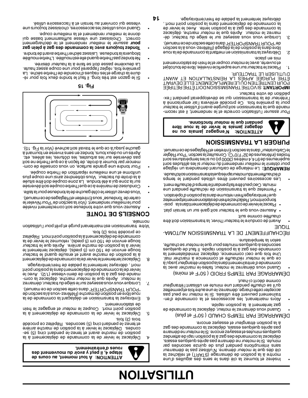 Poulan 419756, 96042007200 manual Utilisation, Transmission LA Purger, Tonte DE Conseils, 15 .Fig 