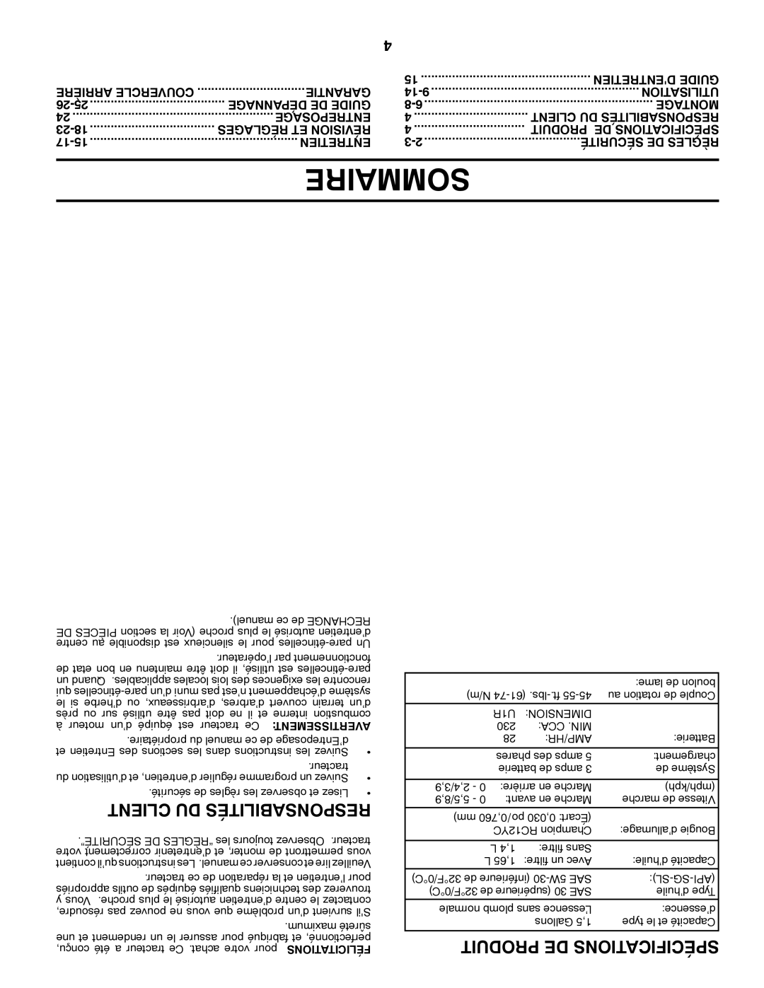 Poulan 419756, 96042007200 manual Sommaire, Garantie, U1R Dimension, Cca .Min Amp/Hr, Sl-Sg-Api 