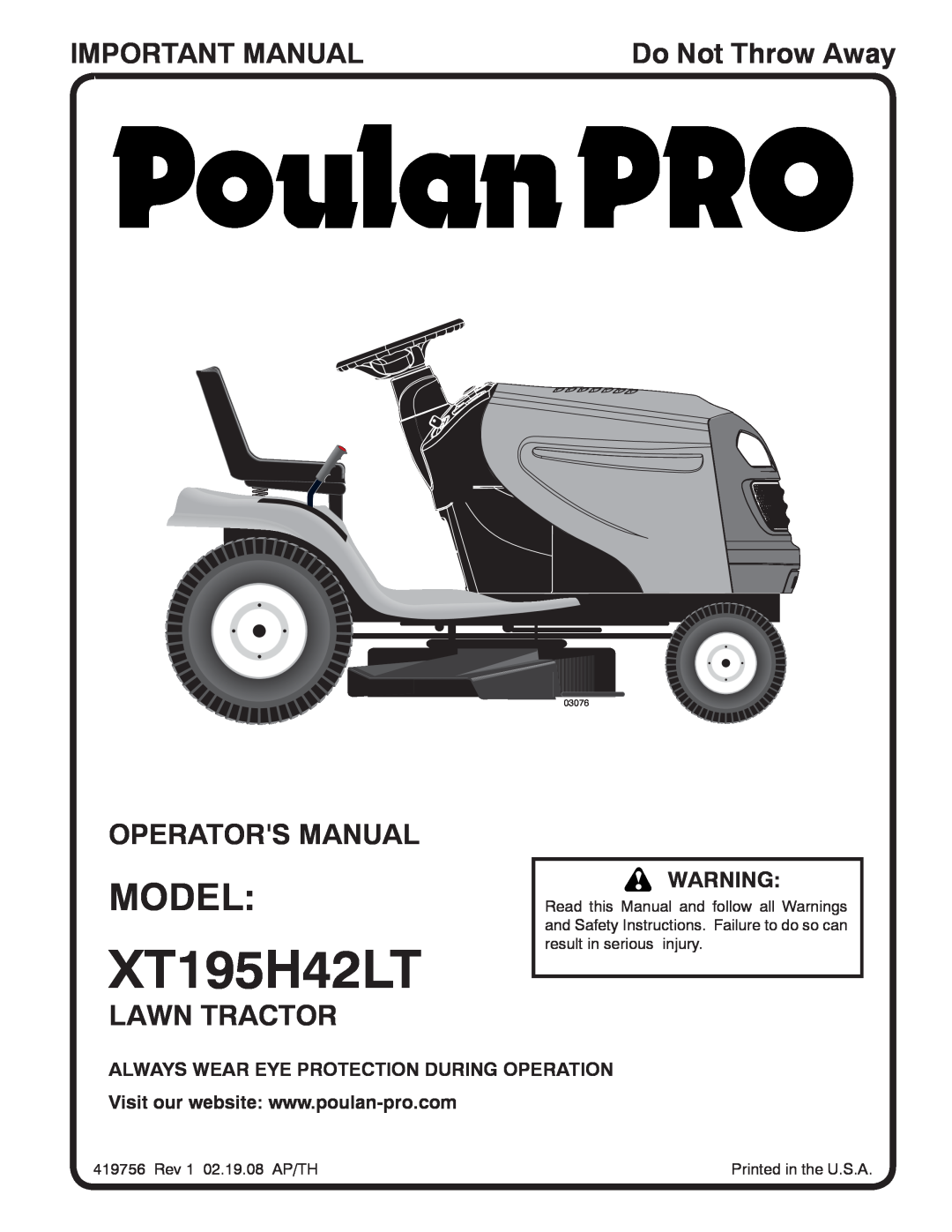 Poulan 419756 manual Model, Important Manual, Operators Manual, Lawn Tractor, Do Not Throw Away, XT195H42LT, 03076 