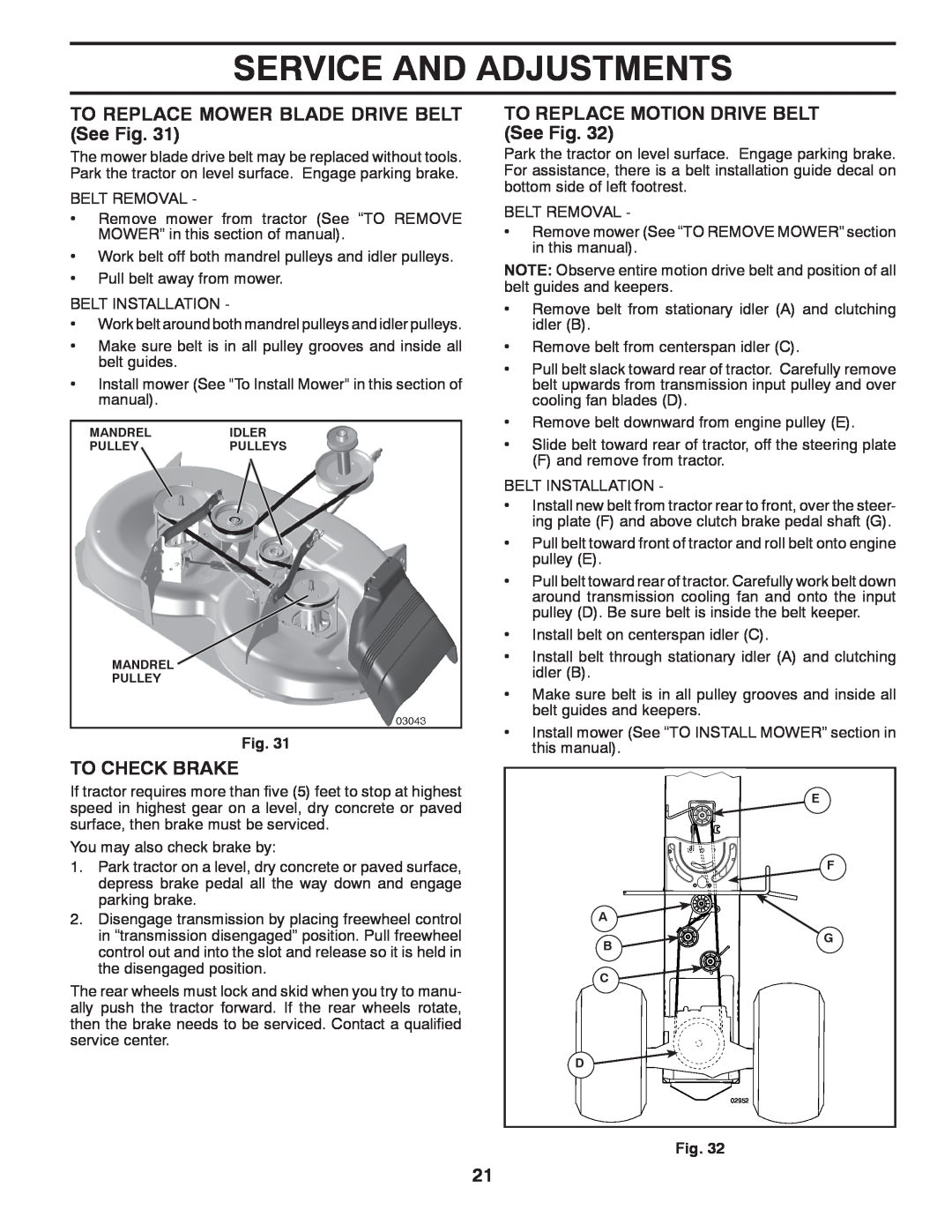 Poulan 419756, 96042007200 manual Service And Adjustments, TO REPLACE MOWER BLADE DRIVE BELT See Fig, To Check Brake 
