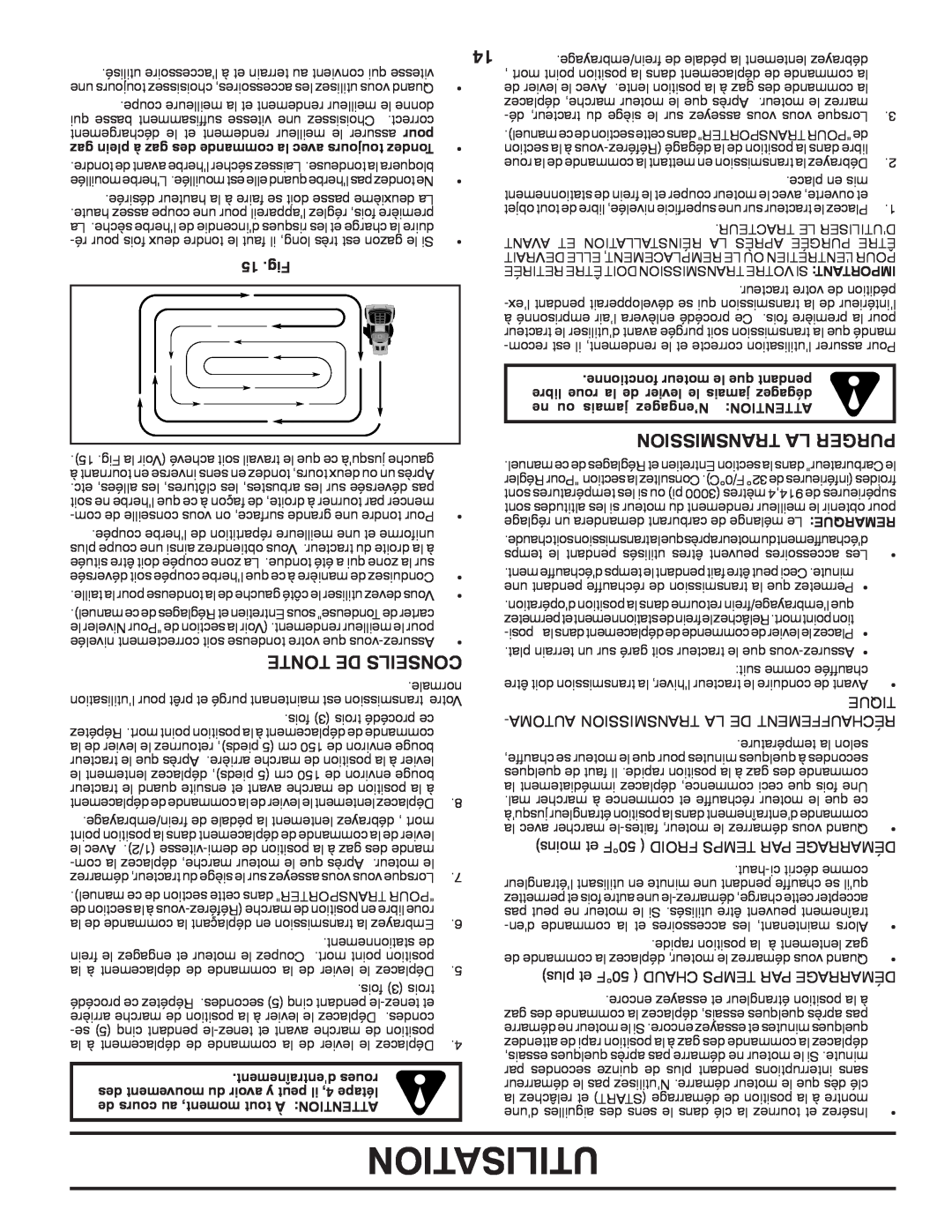 Poulan 419756, 96042007200 manual Utilisation, Transmission La Purger, Tonte De Conseils, 15 .Fig 