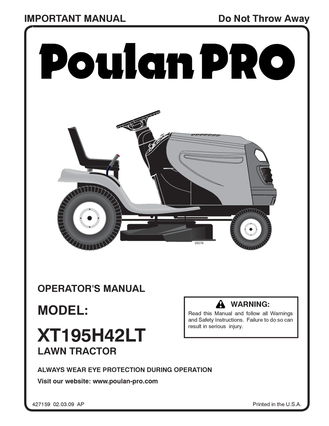 Poulan 427159, 96042007201 manual XT195H42LT 