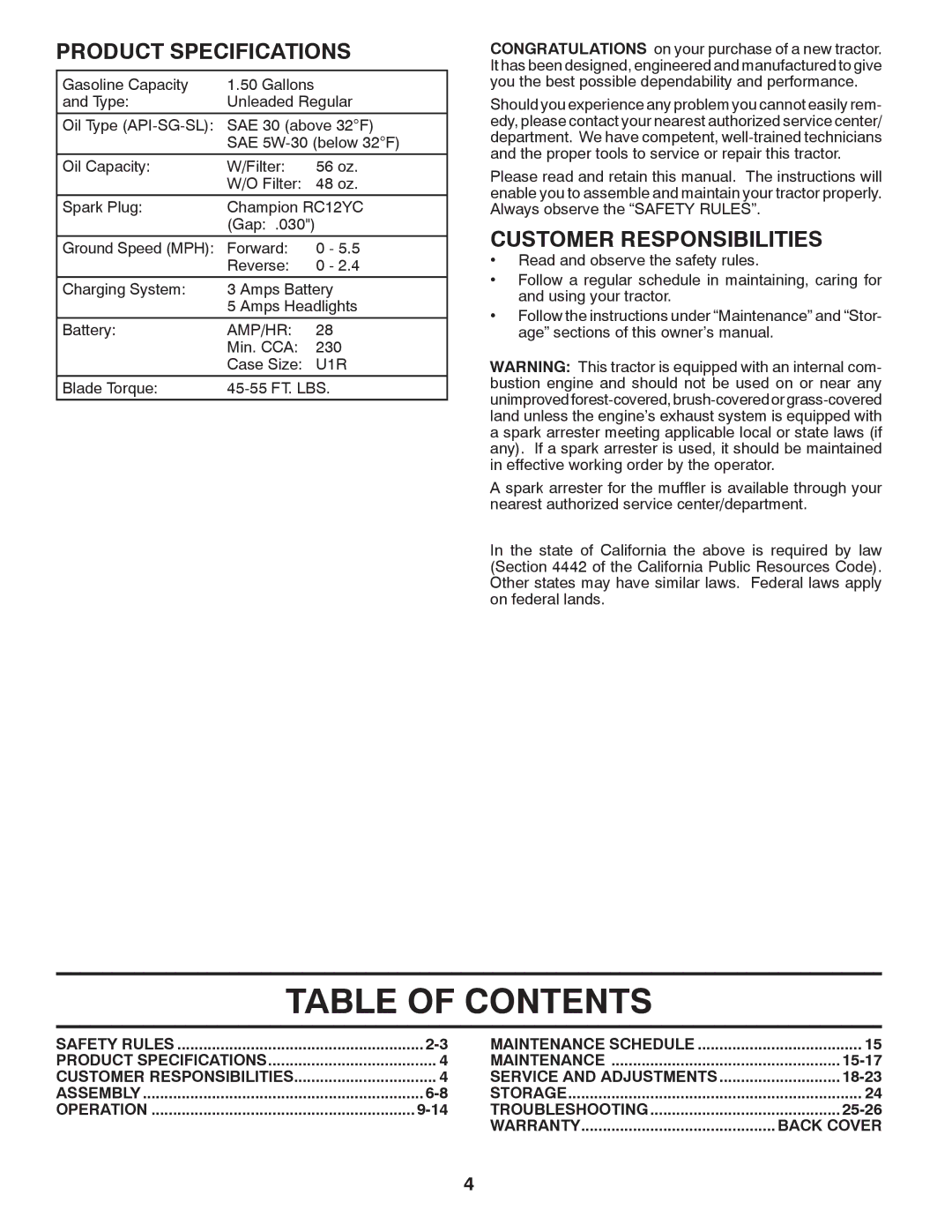 Poulan 96042007201, 427159 manual Table of Contents 