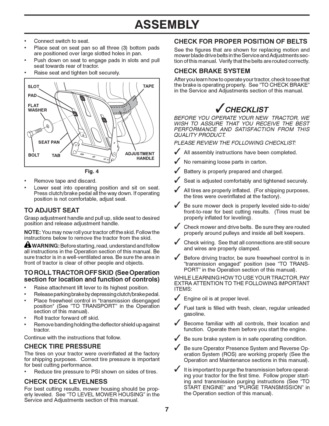 Poulan 427159, 96042007201 manual To Adjust Seat, Check Tire Pressure, Check Deck Levelness 