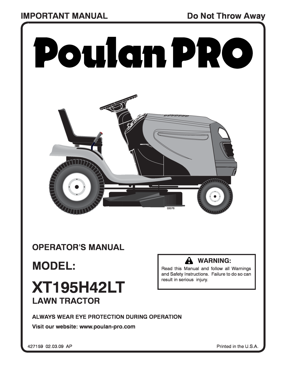 Poulan 427159 manual Model, Important Manual, Operators Manual, Lawn Tractor, XT195H42LT, Do Not Throw Away, 03076 