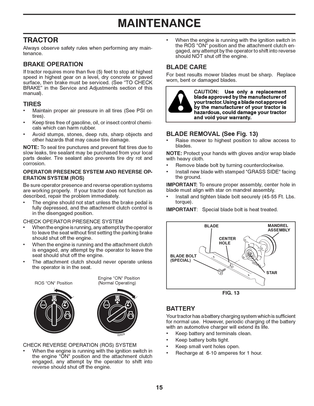 Poulan 419764, 96042007300 manual Tractor, Brake Operation, Tires, Blade Care, Battery 