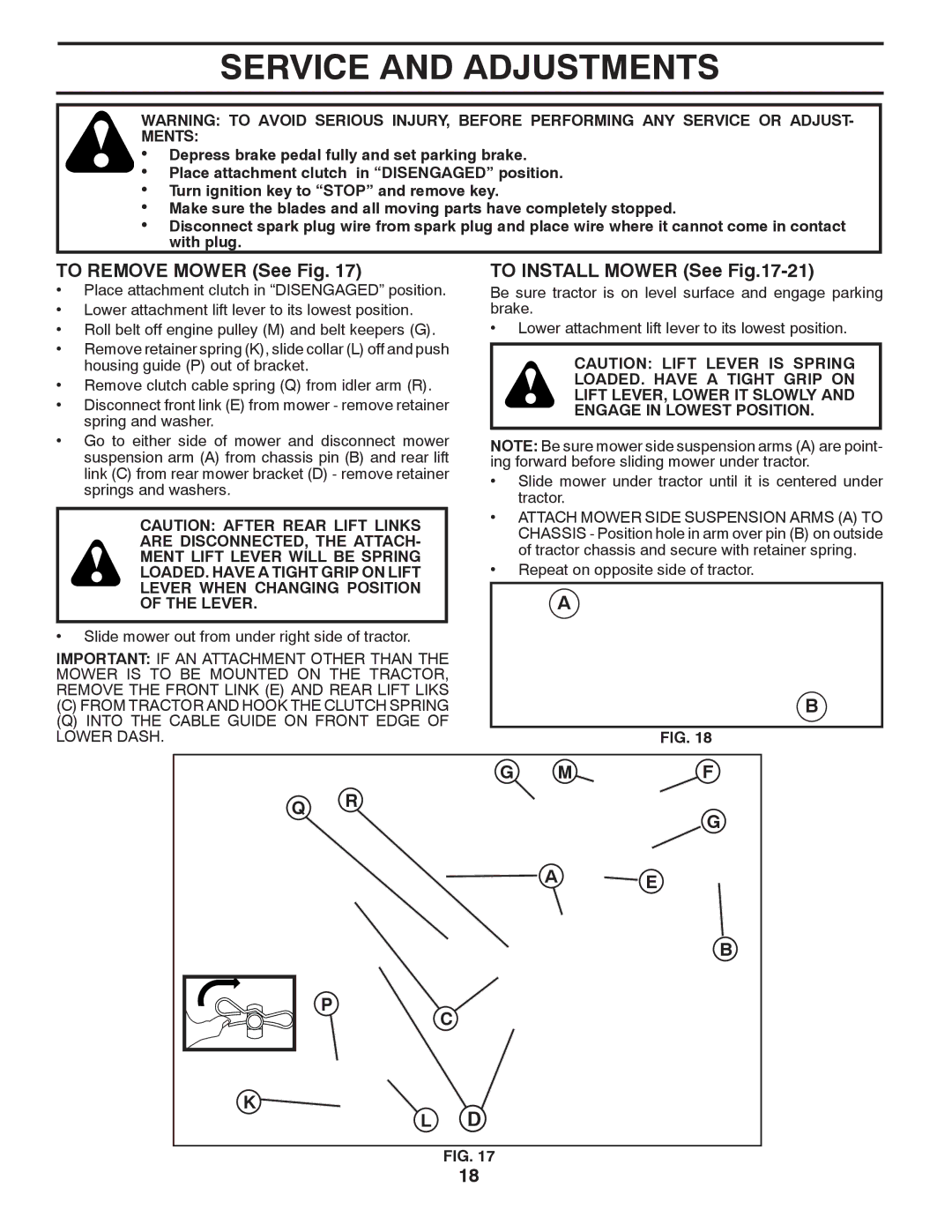 Poulan 96042007300, 419764 manual Service and Adjustments, To Remove Mower See Fig, To Install Mower See -21 