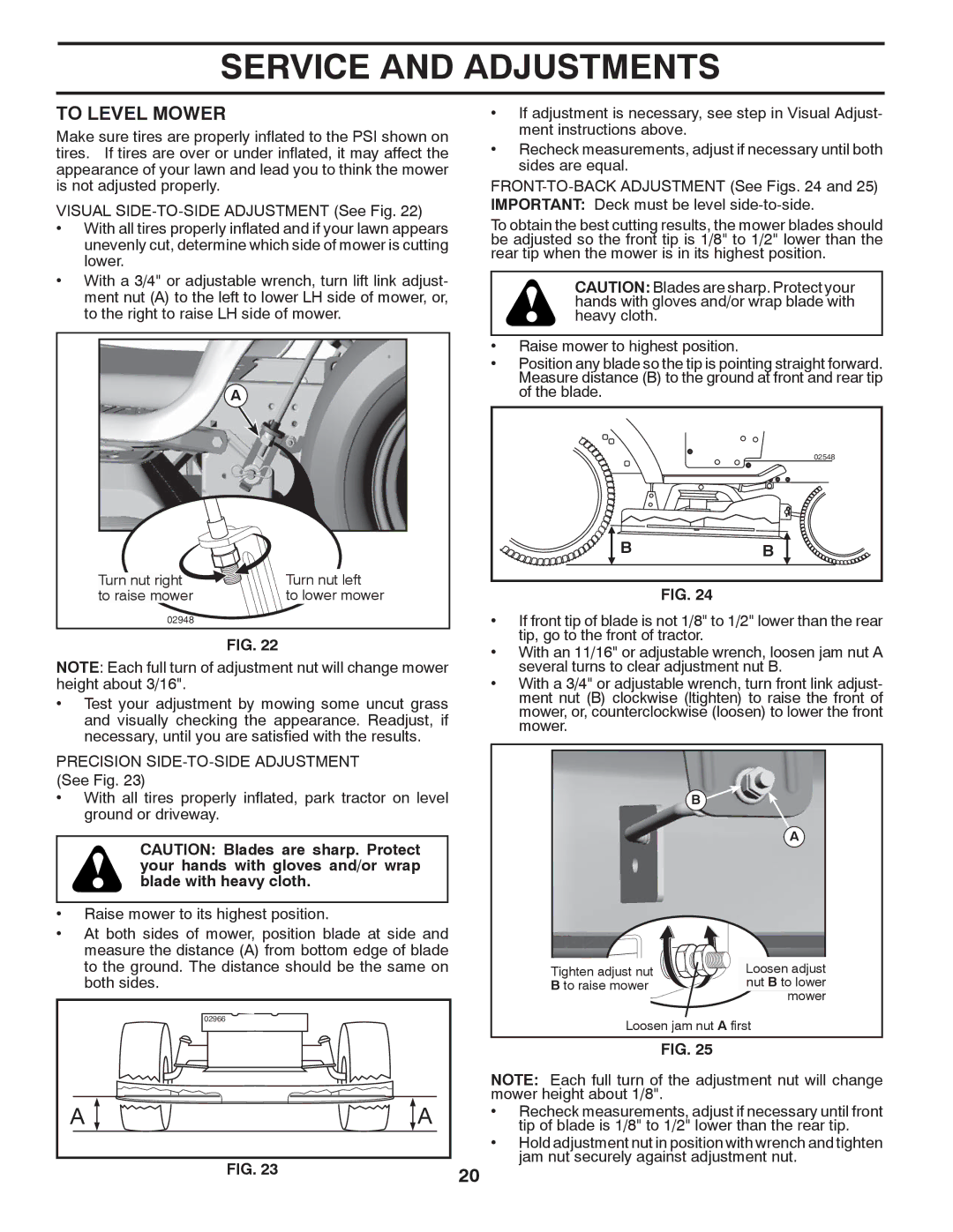 Poulan 96042007300, 419764 manual To Level Mower, Turn nut right Turn nut left To raise mower To lower mower 