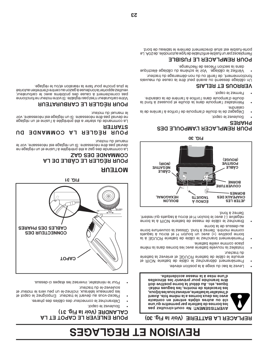 Poulan 96042007300, 419764 manual Reglages ET Revision, Carburateur LE Régler Pour, Starter DU Commande LA Régler Pour 