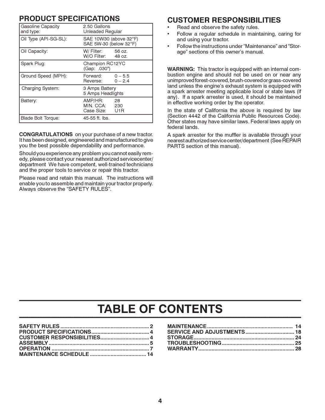 Poulan 96042007300, 419764 manual Table of Contents 