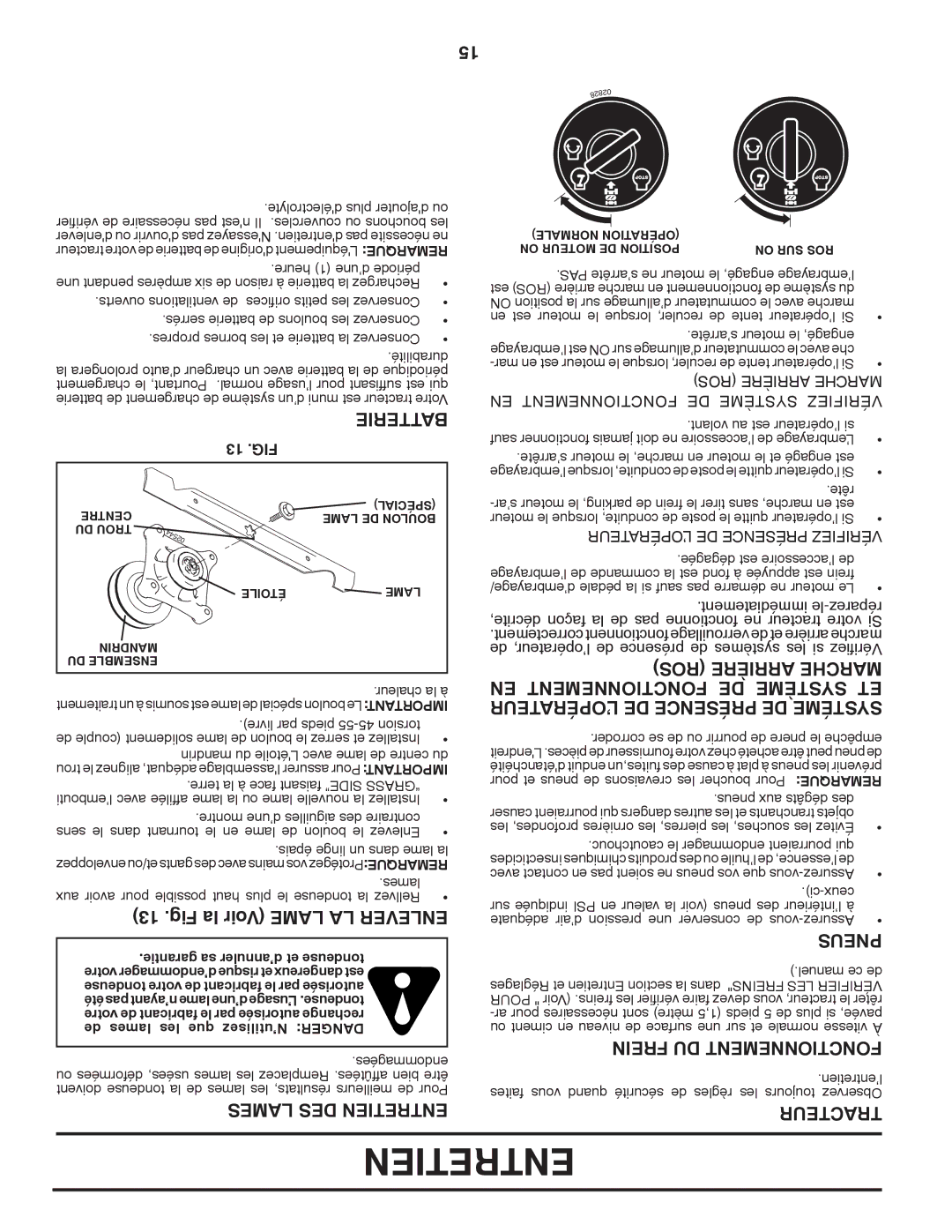 Poulan 96042007300, 419764 manual Fig la Voir Lame LA Enlever, EN Fonctionnement DE Système ET 