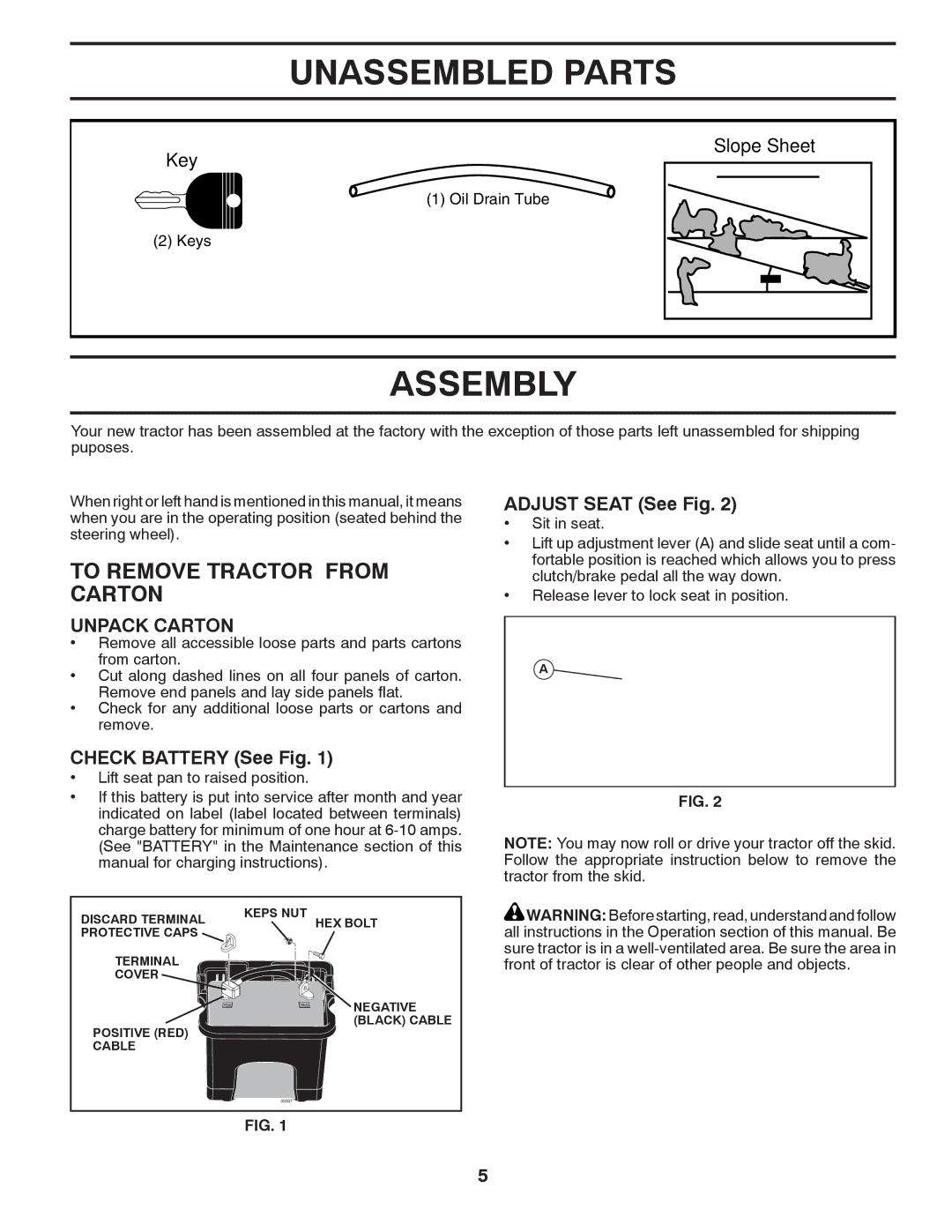 Poulan 419764, 96042007300 manual Unassembled Parts, Assembly, To Remove Tractor from Carton, Unpack Carton 